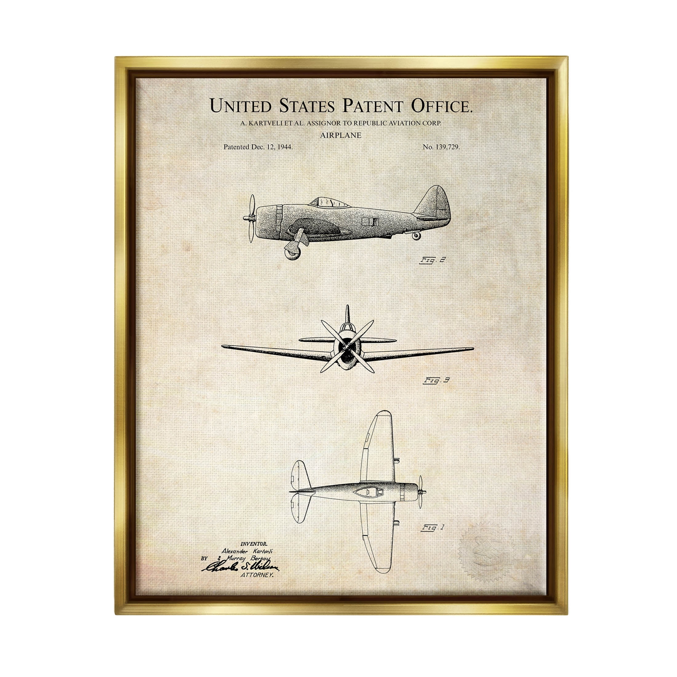 Stupell Industries Vintage Aircraft Diagram Chart Graphic Art Metallic Gold Floating Framed Canvas Print Wall Art, Design by Karl Hronek