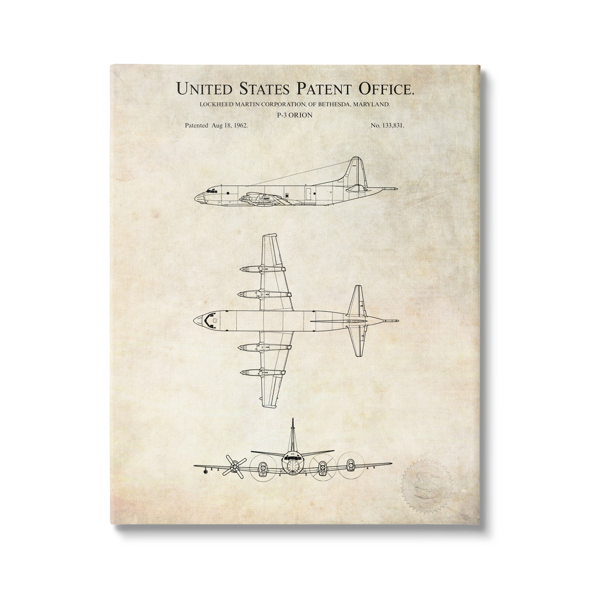 Stupell Industries Vintage Airplane Aircraft Diagram Patent Blueprint Diagram Canvas Wall Art, 24 x 30, Design by Karl Hronek