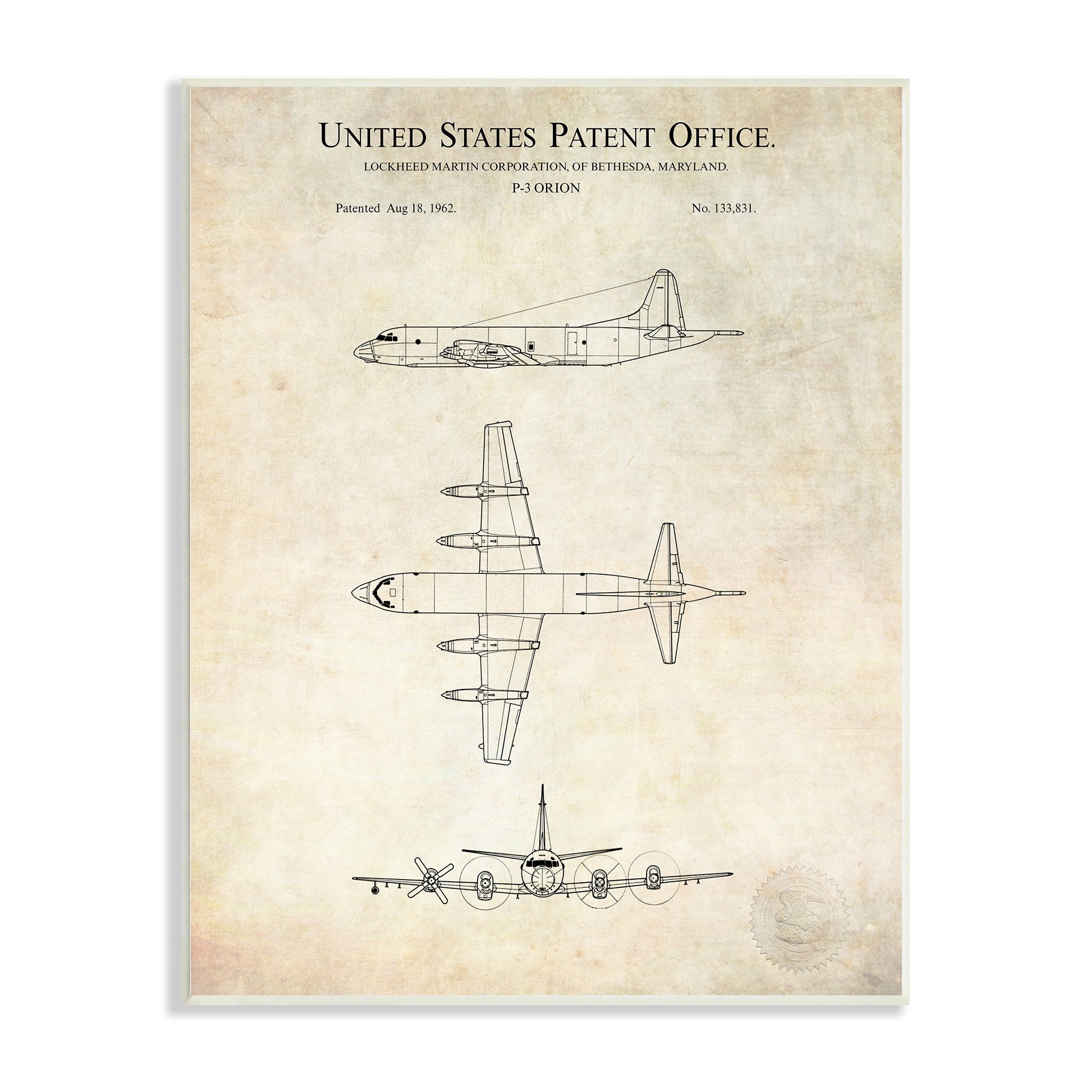 Stupell Industries Vintage Airplane Aircraft Diagram Patent Blueprint Diagram Wood Wall Art, 10 x 15, Design by Karl Hronek