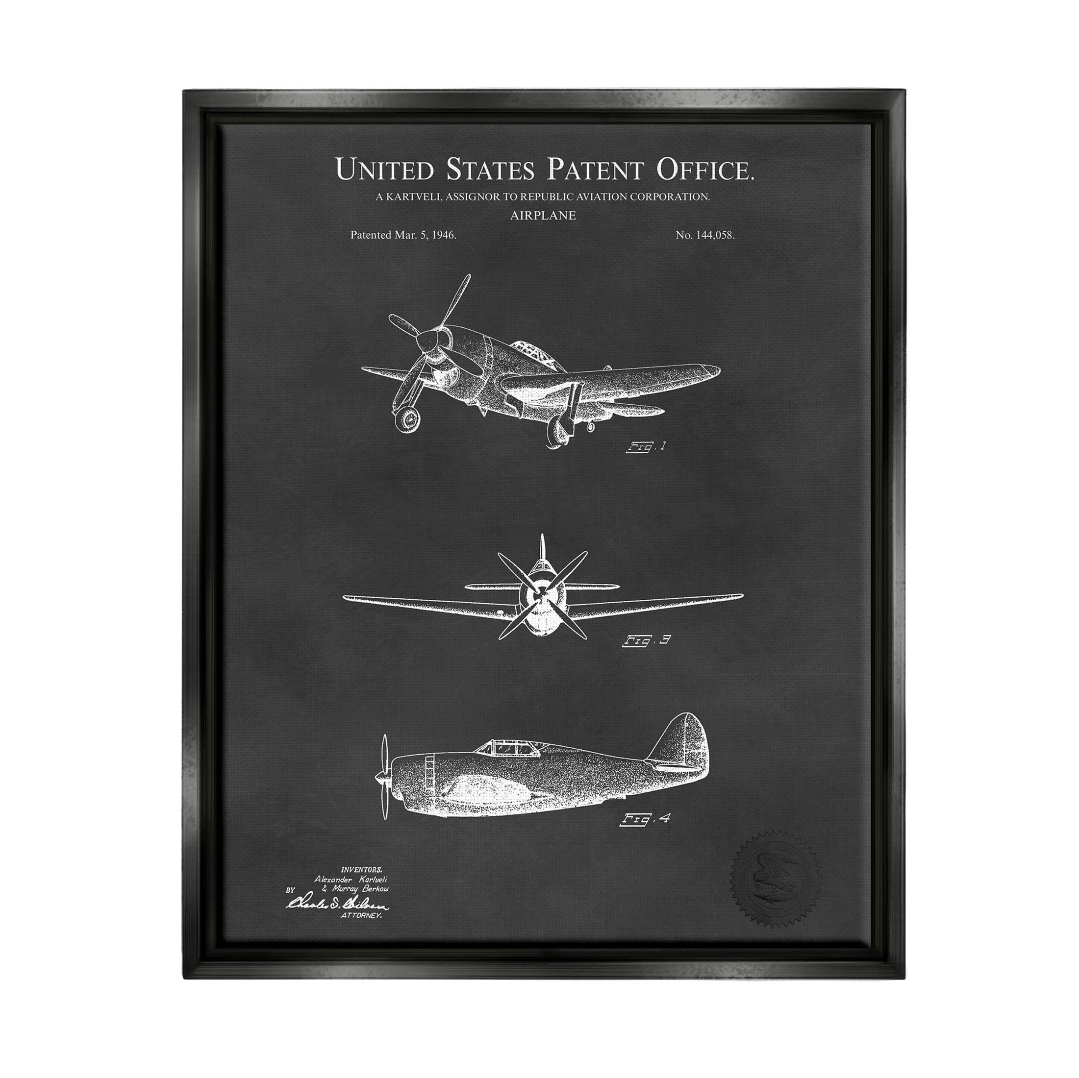 Stupell Industries Vintage Airplane Vehicle Diagram Graphic Art Jet Black Floating Framed Canvas Print Wall Art, Design by Karl Hronek