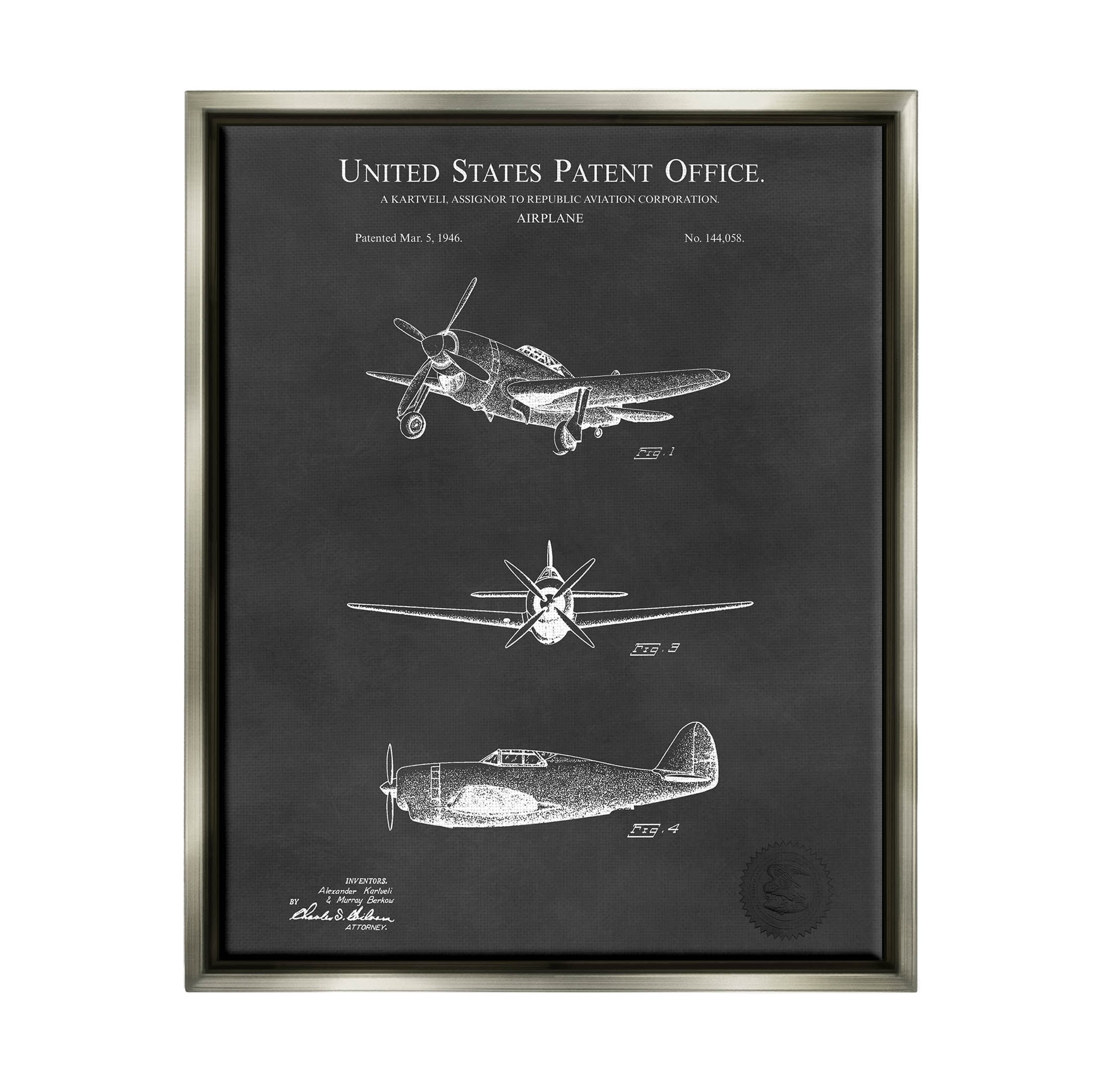 Stupell Industries Vintage Airplane Vehicle Diagram Graphic Art Luster Gray Floating Framed Canvas Print Wall Art, Design by Karl Hronek