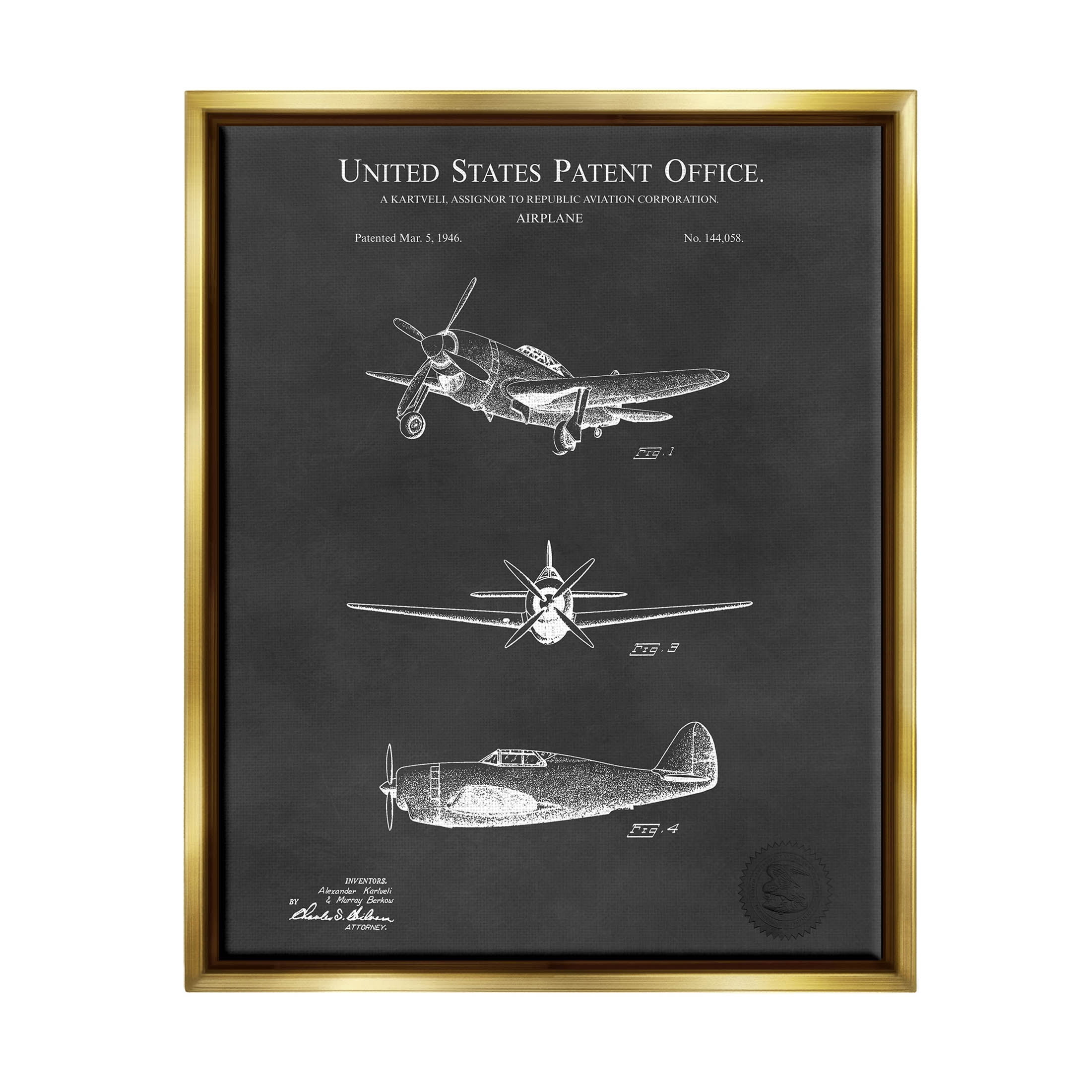 Stupell Industries Vintage Airplane Vehicle Diagram Graphic Art Metallic Gold Floating Framed Canvas Print Wall Art, Design by Karl Hronek