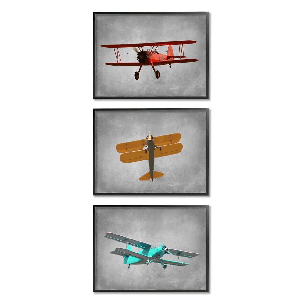 Stupell Industries Vintage Airplanes at Flight Red Yellow Blue Black Framed by Ashley Calhoun