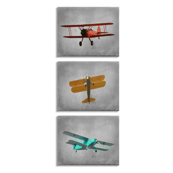 Stupell Industries Vintage Airplanes at Flight Red Yellow Blue Canvas Wall Art by Ashley Calhoun