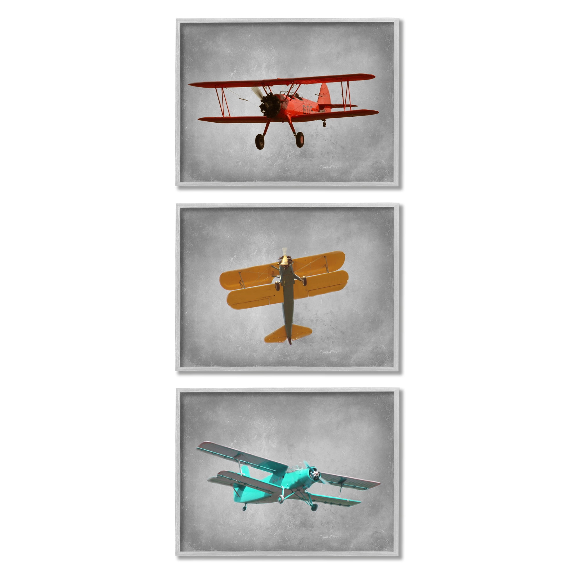 Stupell Industries Vintage Airplanes at Flight Red Yellow Blue Gray Framed by Ashley Calhoun