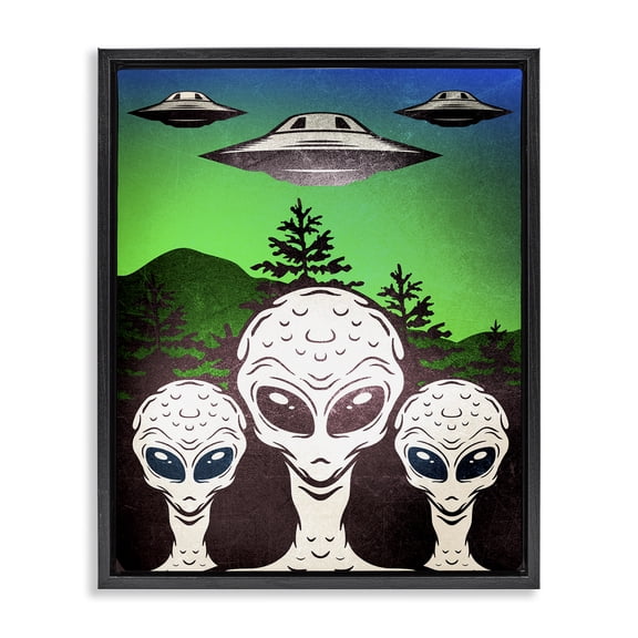 Stupell Industries Vintage Aliens & UFO Fantasy & Sci-Fi Painting Black Floater Framed Canvas Art Print Wall Art, 25 x 31
