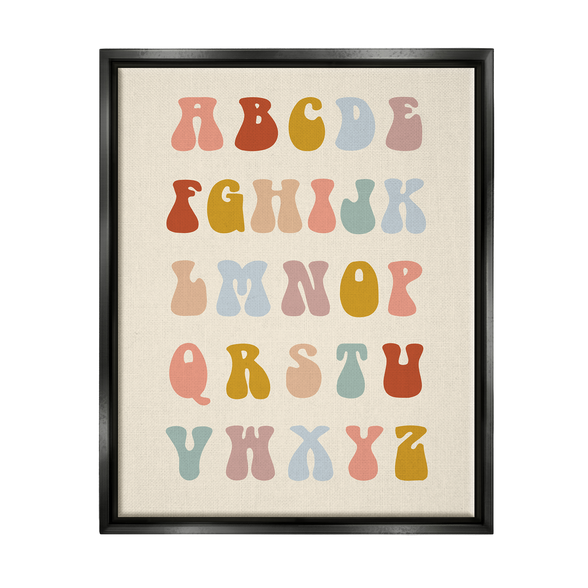 Stupell Industries Vintage Alphabet Letters Typography Painting Black Floater Framed Canvas Art Print Wall Art, 17 x 21
