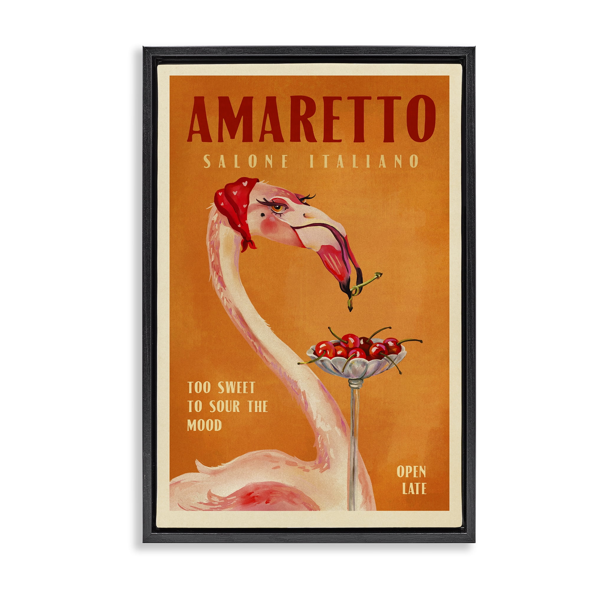 Stupell Industries Vintage Amaretto Flamingo Food & Beverage Painting Black Floater Framed Canvas Art Print Wall Art, 17 x 25