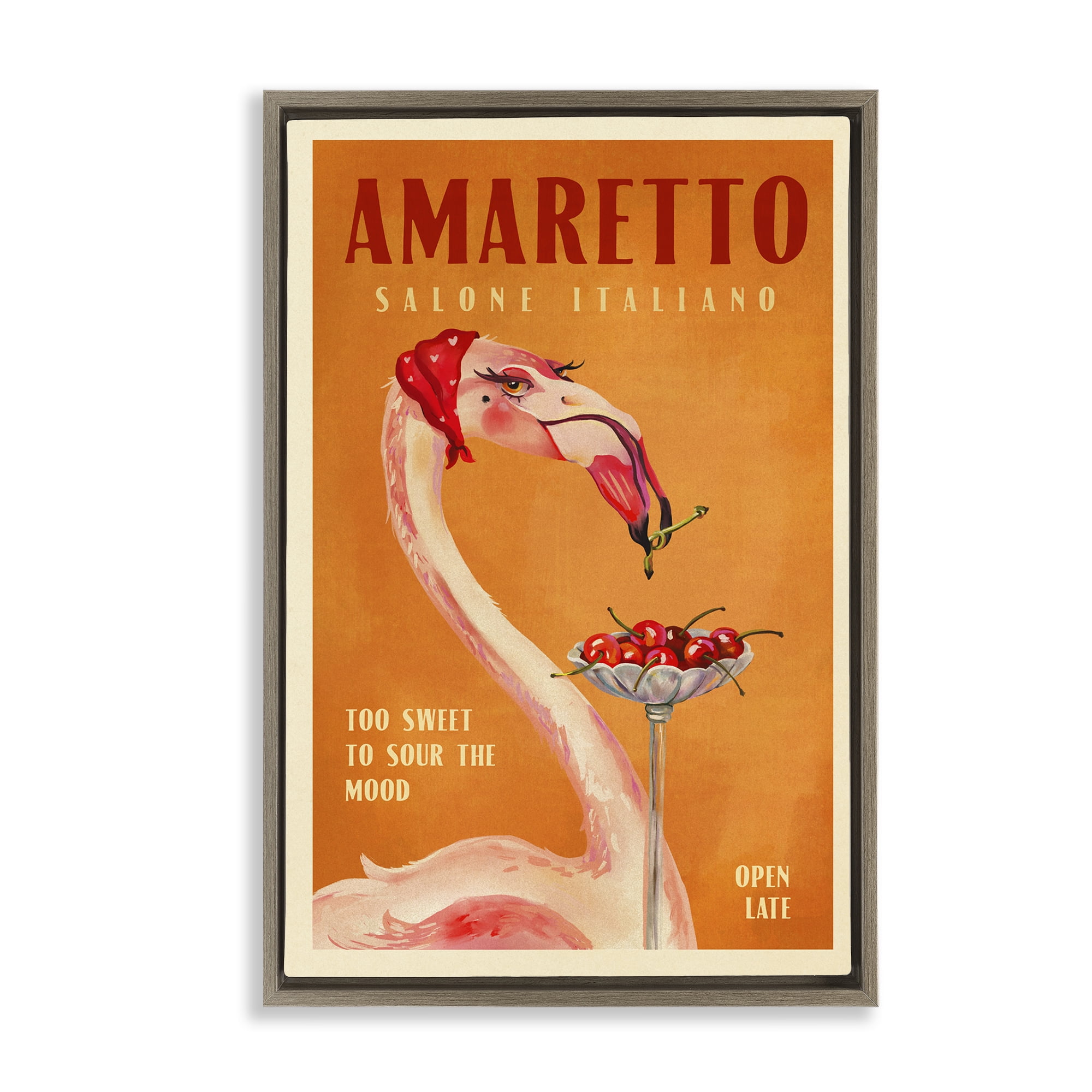 Stupell Industries Vintage Amaretto Flamingo Food & Beverage Painting Brown Floater Framed Canvas Art Print Wall Art, 17 x 25
