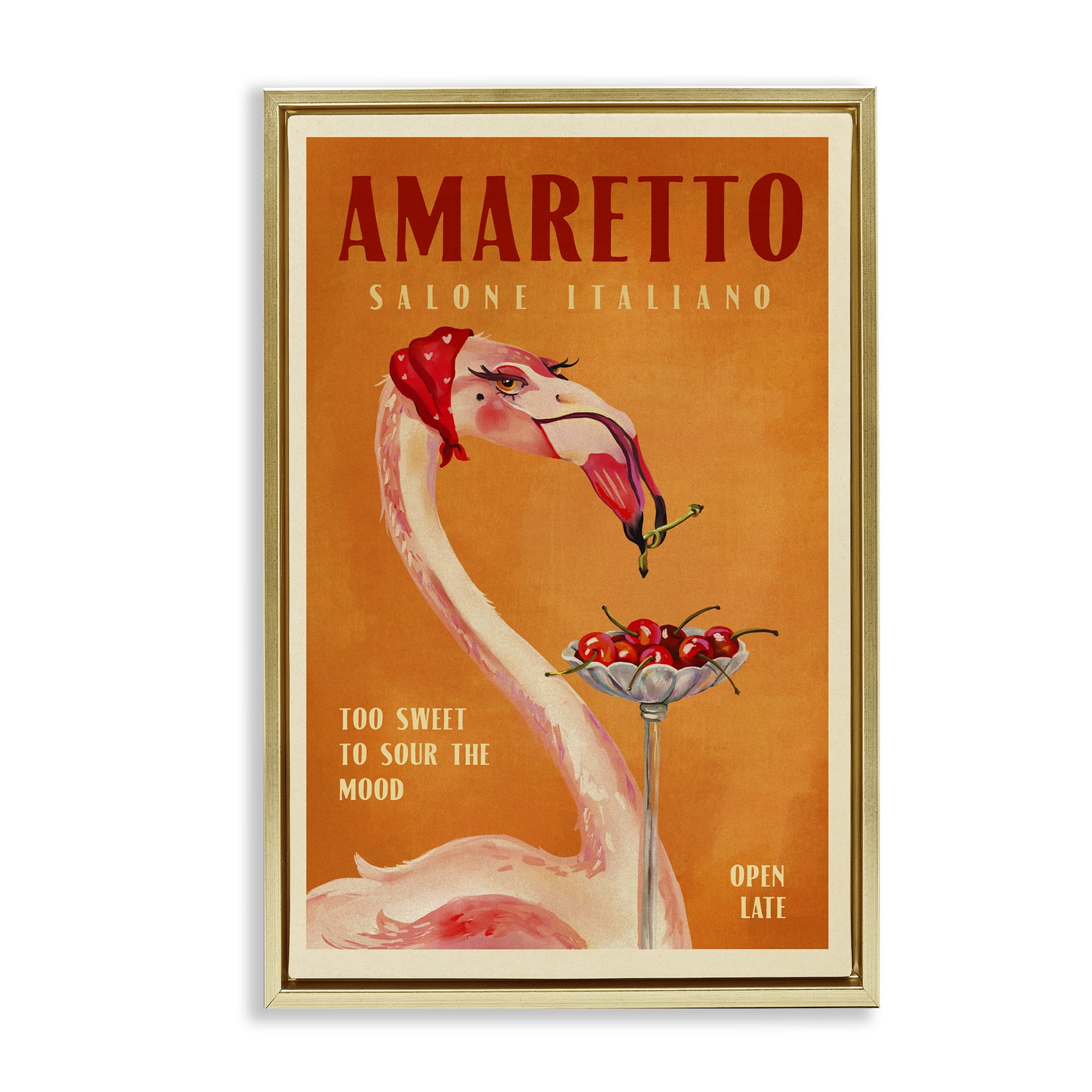 Stupell Industries Vintage Amaretto Flamingo Food & Beverage Painting Gold Floater Framed Canvas Art Print Wall Art, 17 x 25
