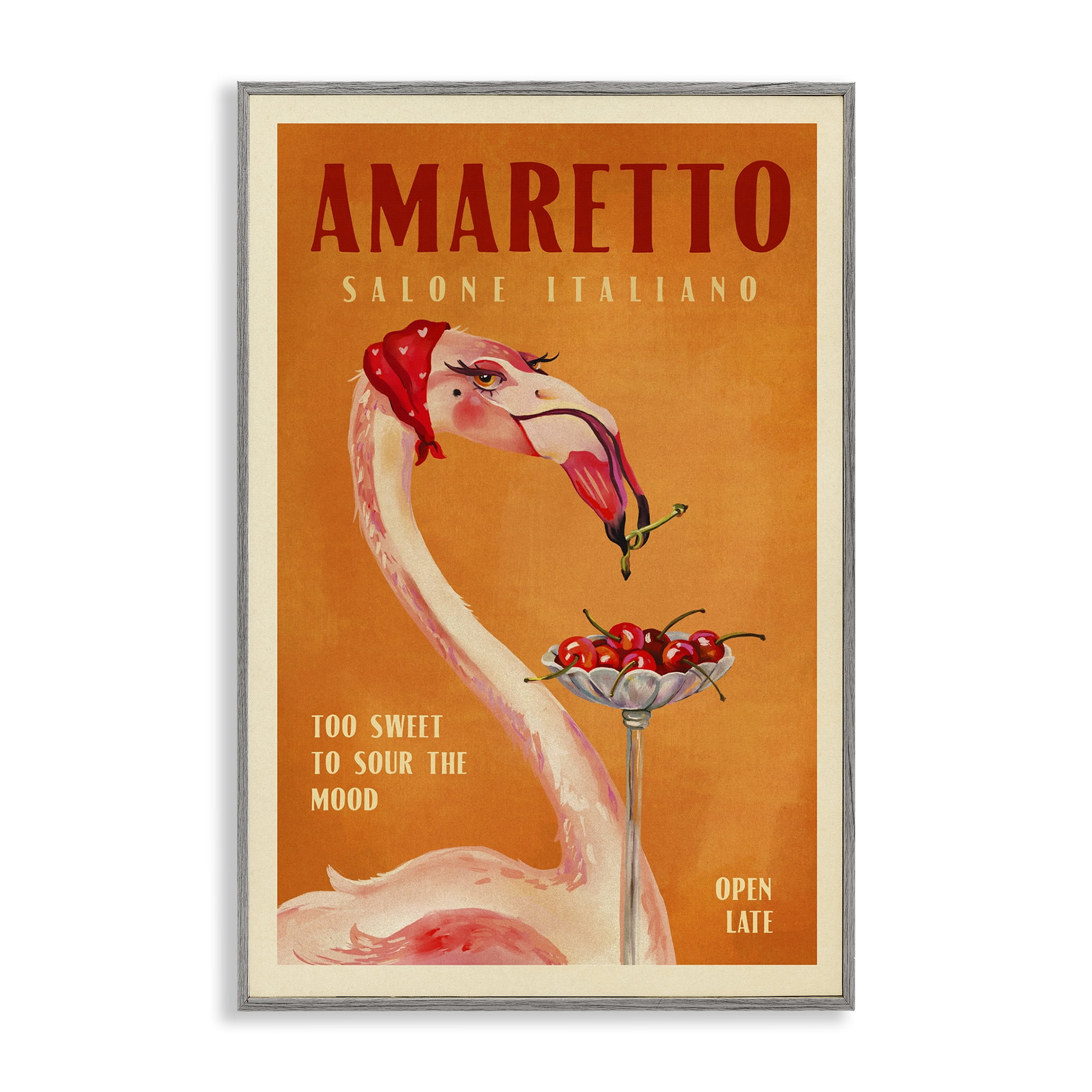 Stupell Industries Vintage Amaretto Flamingo Food & Beverage Painting Gray Framed Art Print Wall Art, 16 x 24