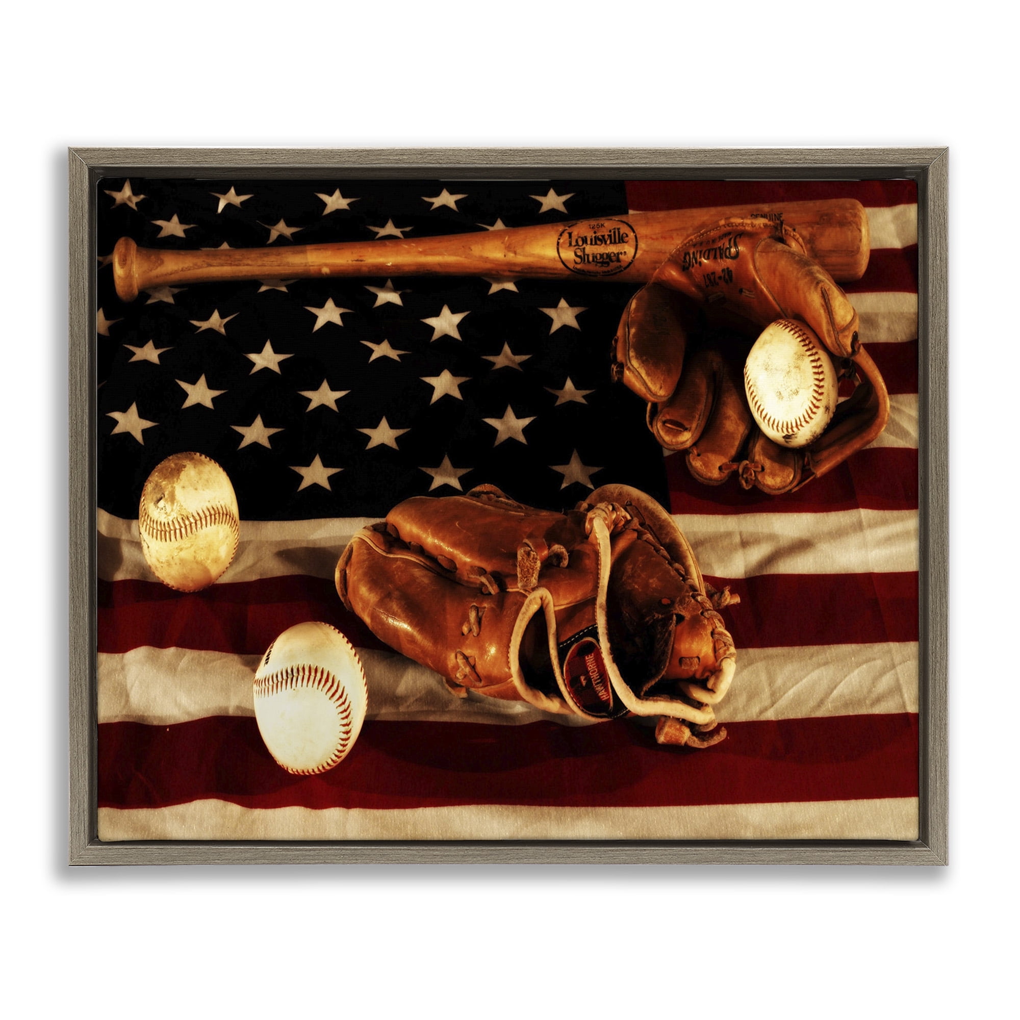 Stupell Industries Vintage American Flag Baseball Photo Sports Photography Brown Floater Framed Canvas Art Print Wall Art, 21 x 17