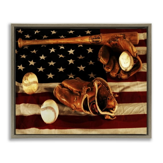Stupell Industries Vintage American Flag Baseball Photo Sports Photography Brown Floater Framed Canvas Art Print Wall Art, 31 x 25