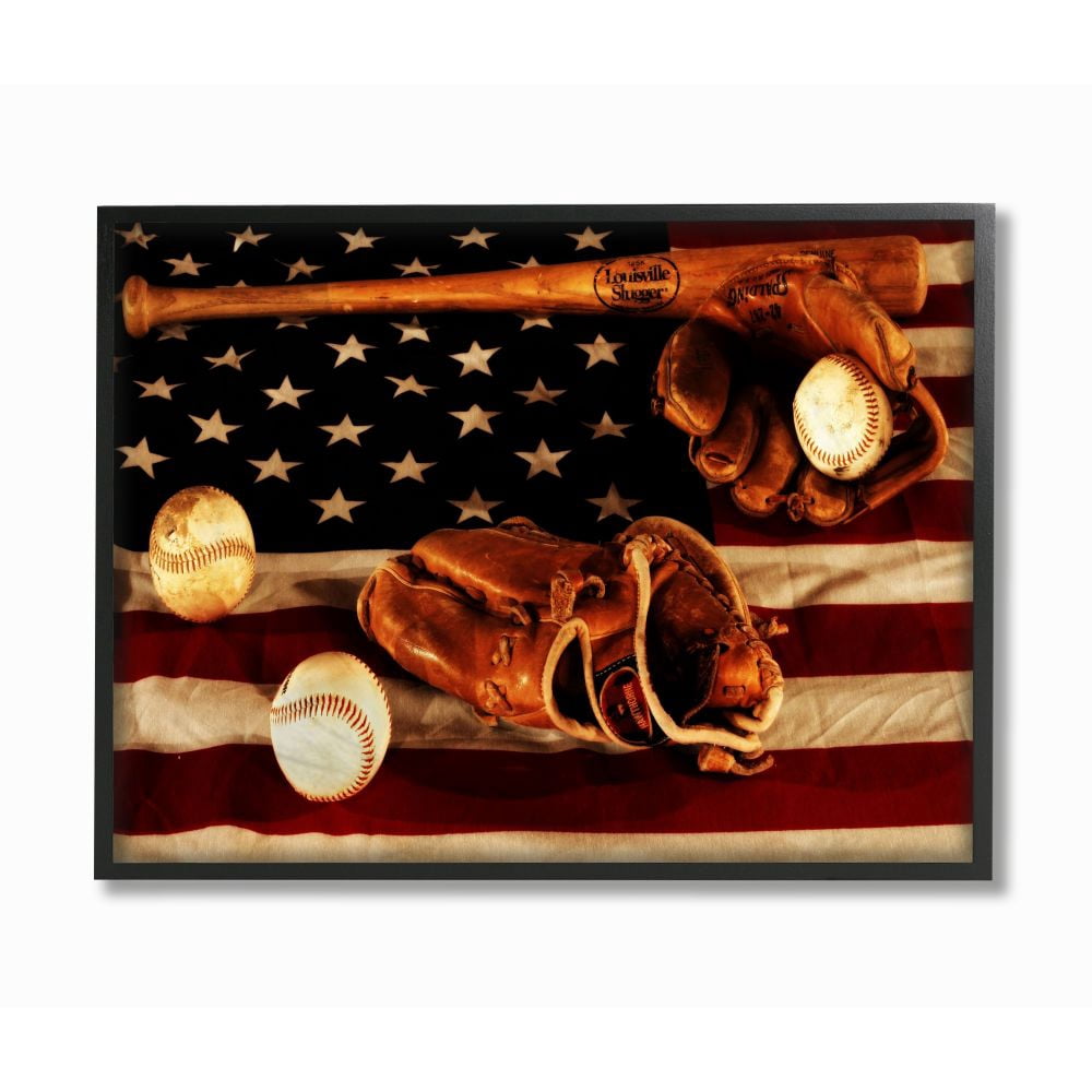 Stupell Industries Vintage American Flag Baseball Sports Rustic Photo Framed Giclee Texturized Art by Daniel Sproul