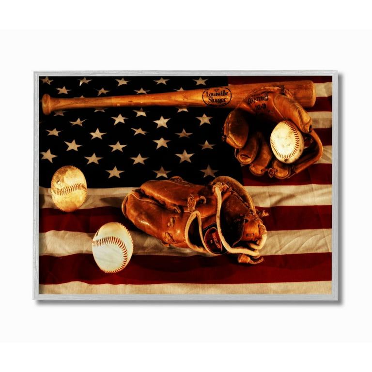 Stupell Industries Vintage American Flag Baseball Sports Rustic Photo