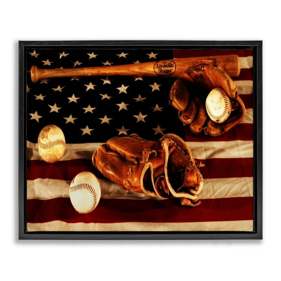 Stupell Industries Vintage American Flag Baseball Sports Rustic Photo Jet Black Framed Floating Canvas Wall Art, 16x20, by Daniel Sproul