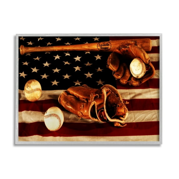 Stupell Industries Vintage American Flag Baseball Sports Rustic Photo Photography Framed Art Print Wall Art, 30x24, By Daniel Sproul