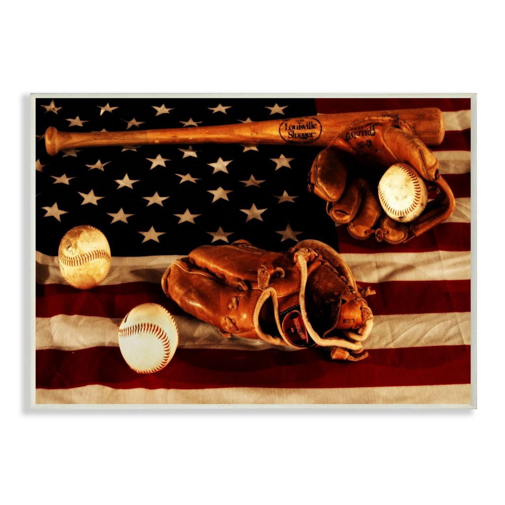 Stupell Industries Vintage American Flag Baseball Sports Rustic Photo Wall Plaque Art by Daniel Sproul