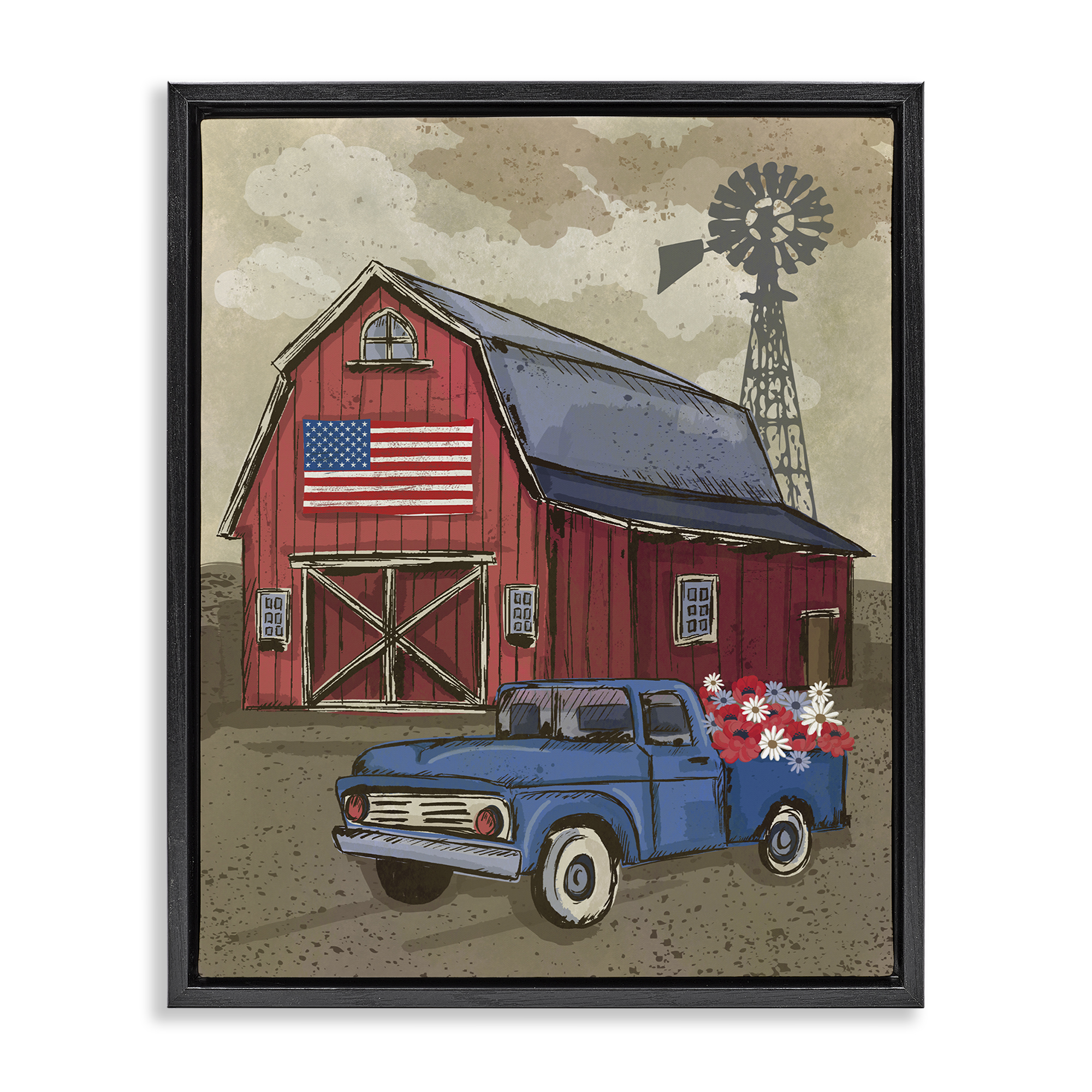 Stupell Industries Vintage Americana Barn Patriotic Painting Black Floater Framed Canvas Art Print Wall Art, 17 x 21