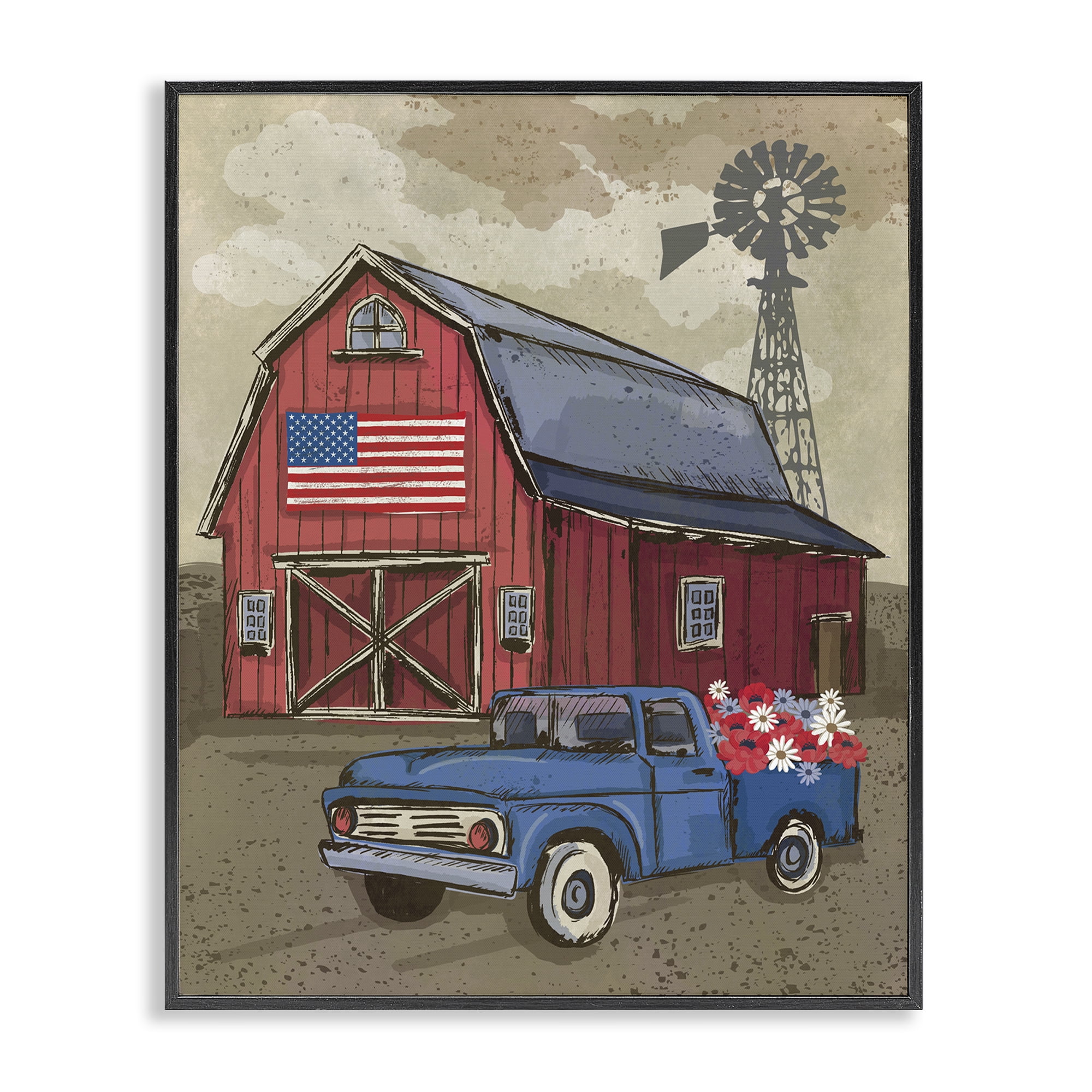 Stupell Industries Vintage Americana Barn Patriotic Painting Black Framed Art Print Wall Art, 11 x 14