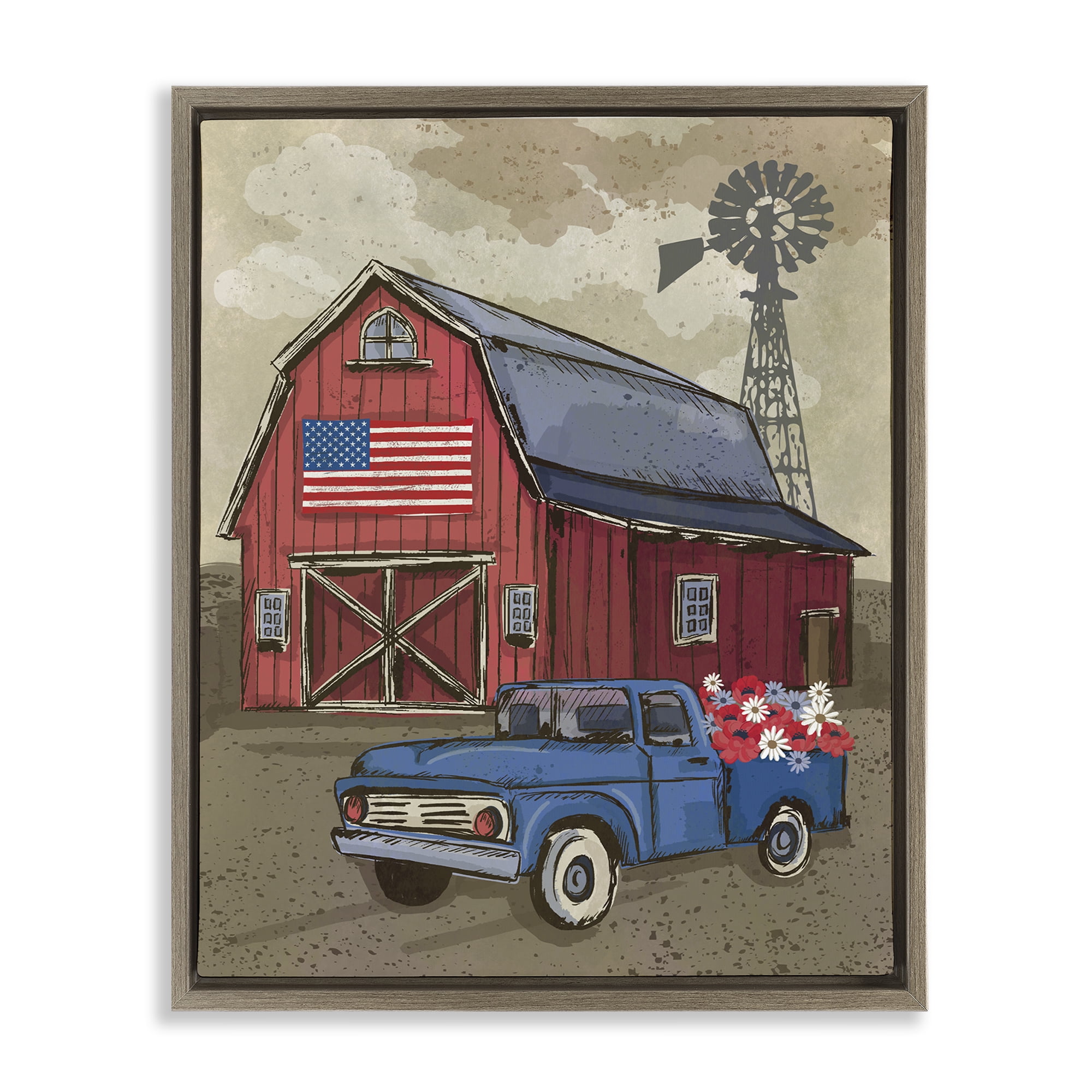 Stupell Industries Vintage Americana Barn Patriotic Painting Brown Floater Framed Canvas Art Print Wall Art, 25 x 31
