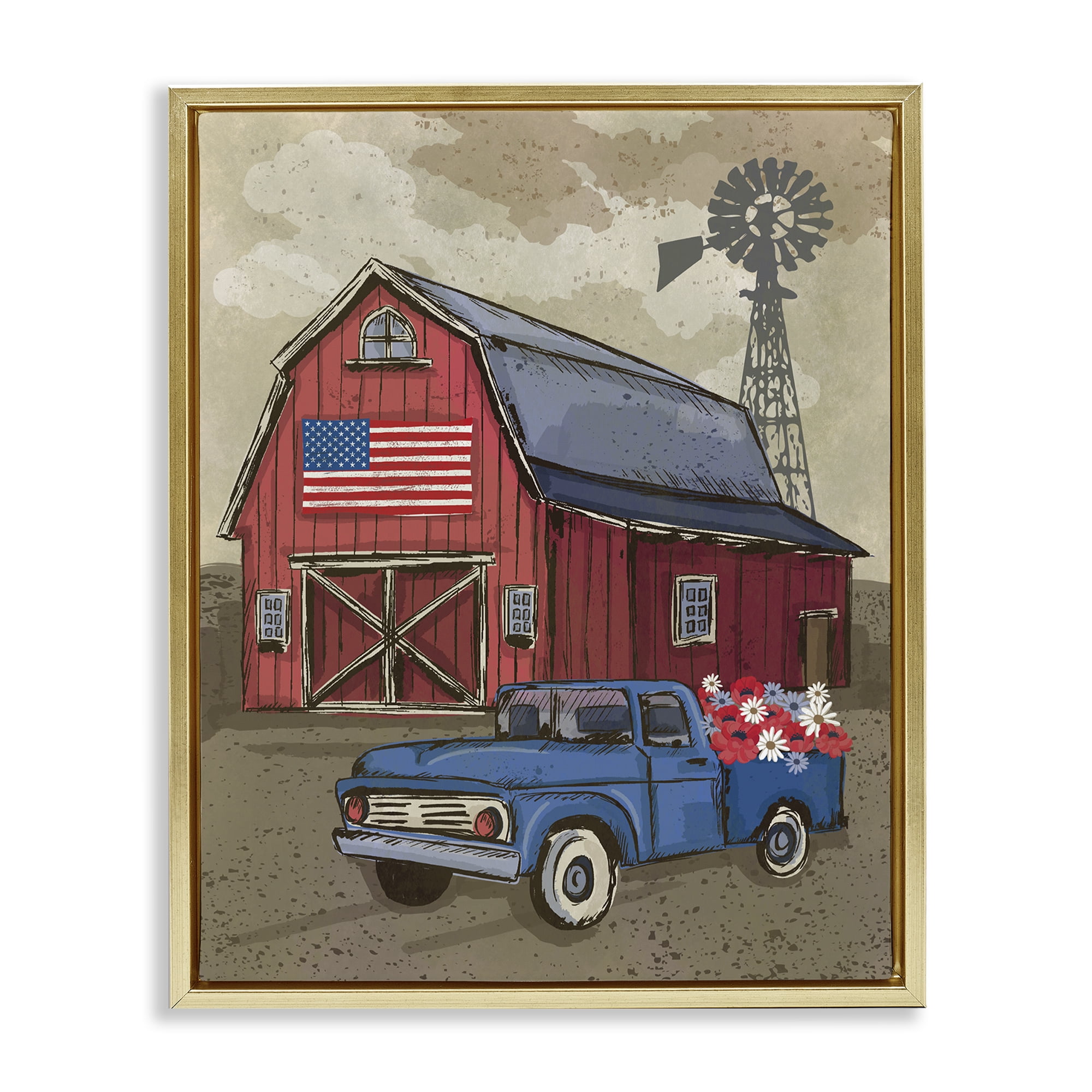 Stupell Industries Vintage Americana Barn Patriotic Painting Gold Floater Framed Canvas Art Print Wall Art, 25 x 31