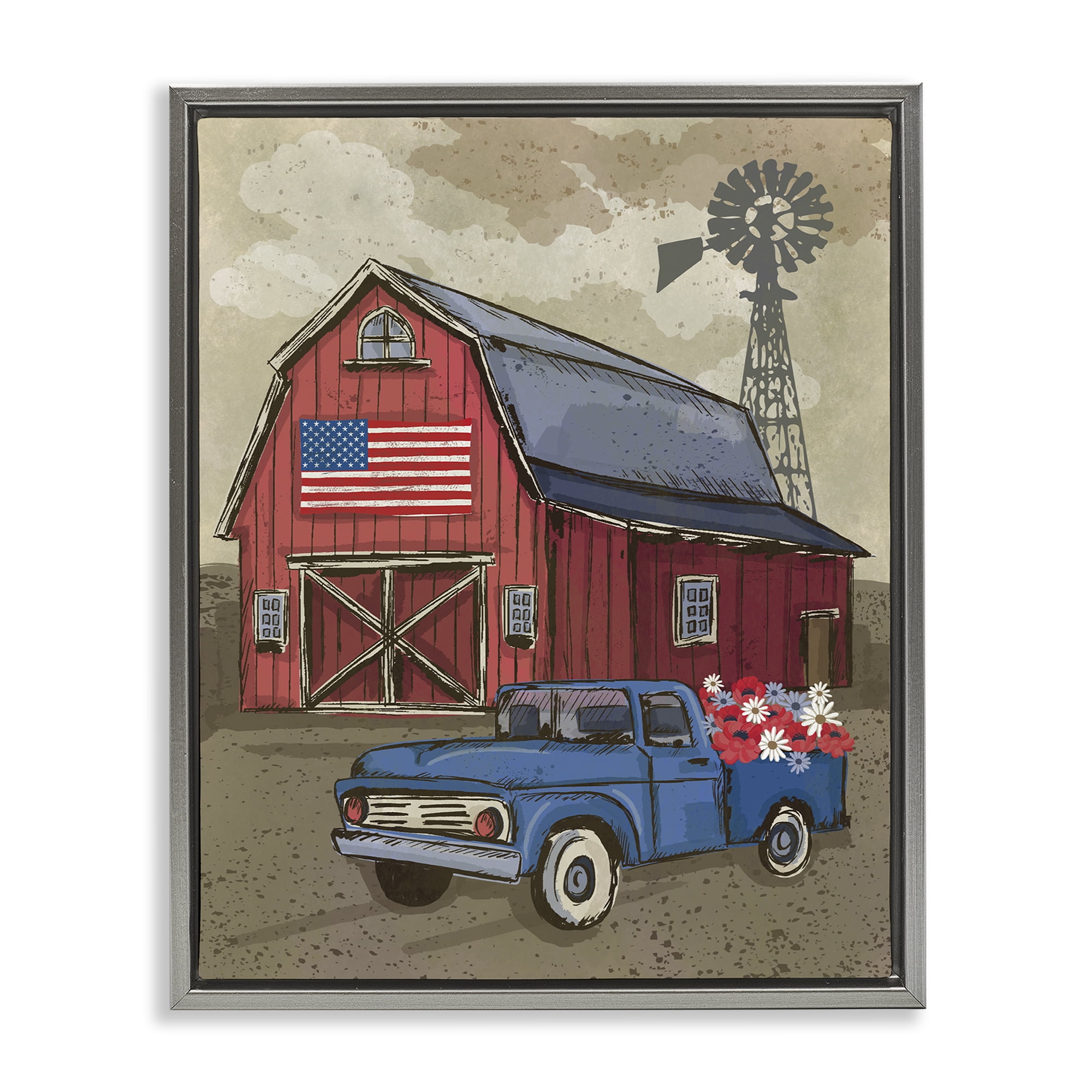 Stupell Industries Vintage Americana Barn Patriotic Painting Gray Floater Framed Canvas Art Print Wall Art, 17 x 21