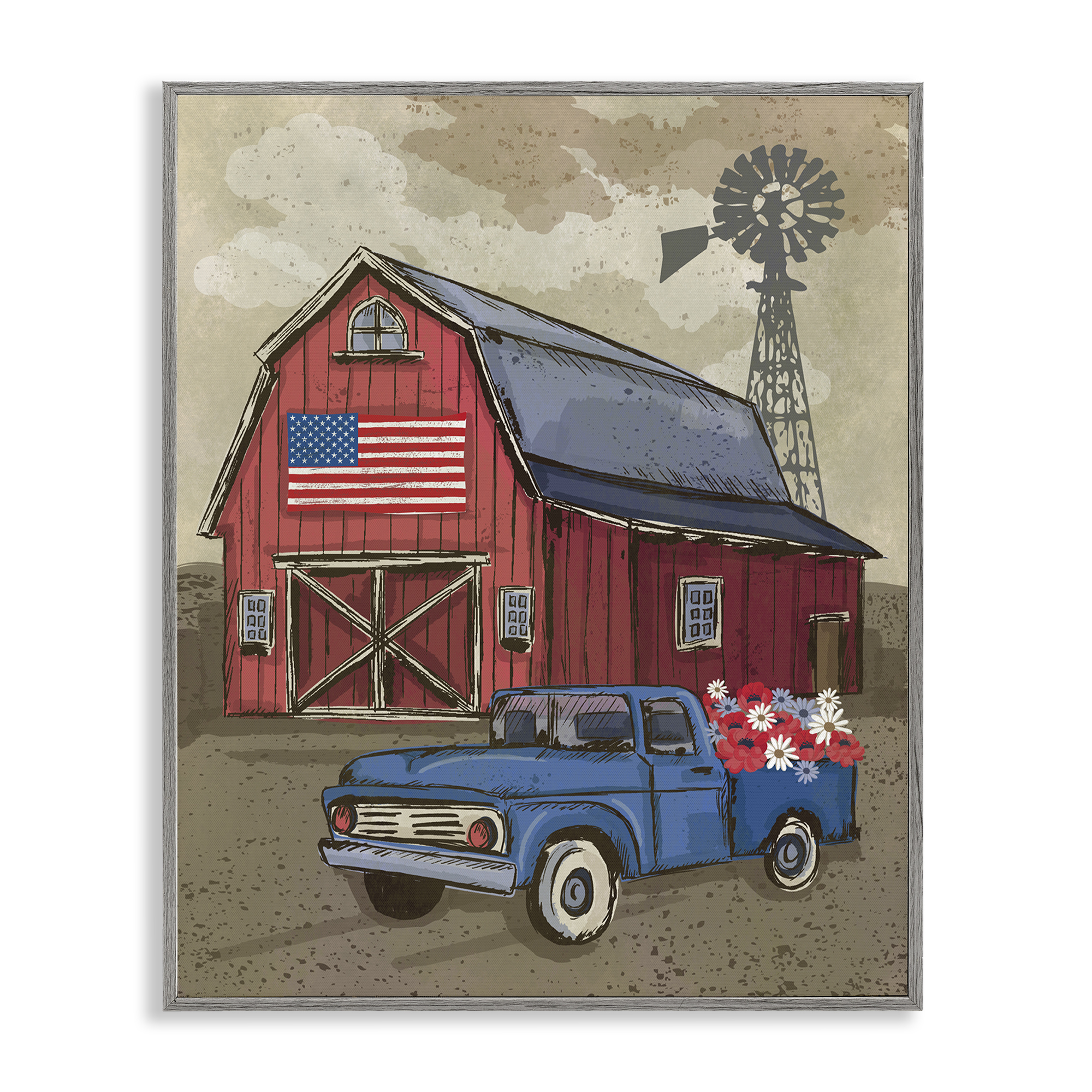 Stupell Industries Vintage Americana Barn Patriotic Painting Gray Framed Art Print Wall Art, 24 x 30