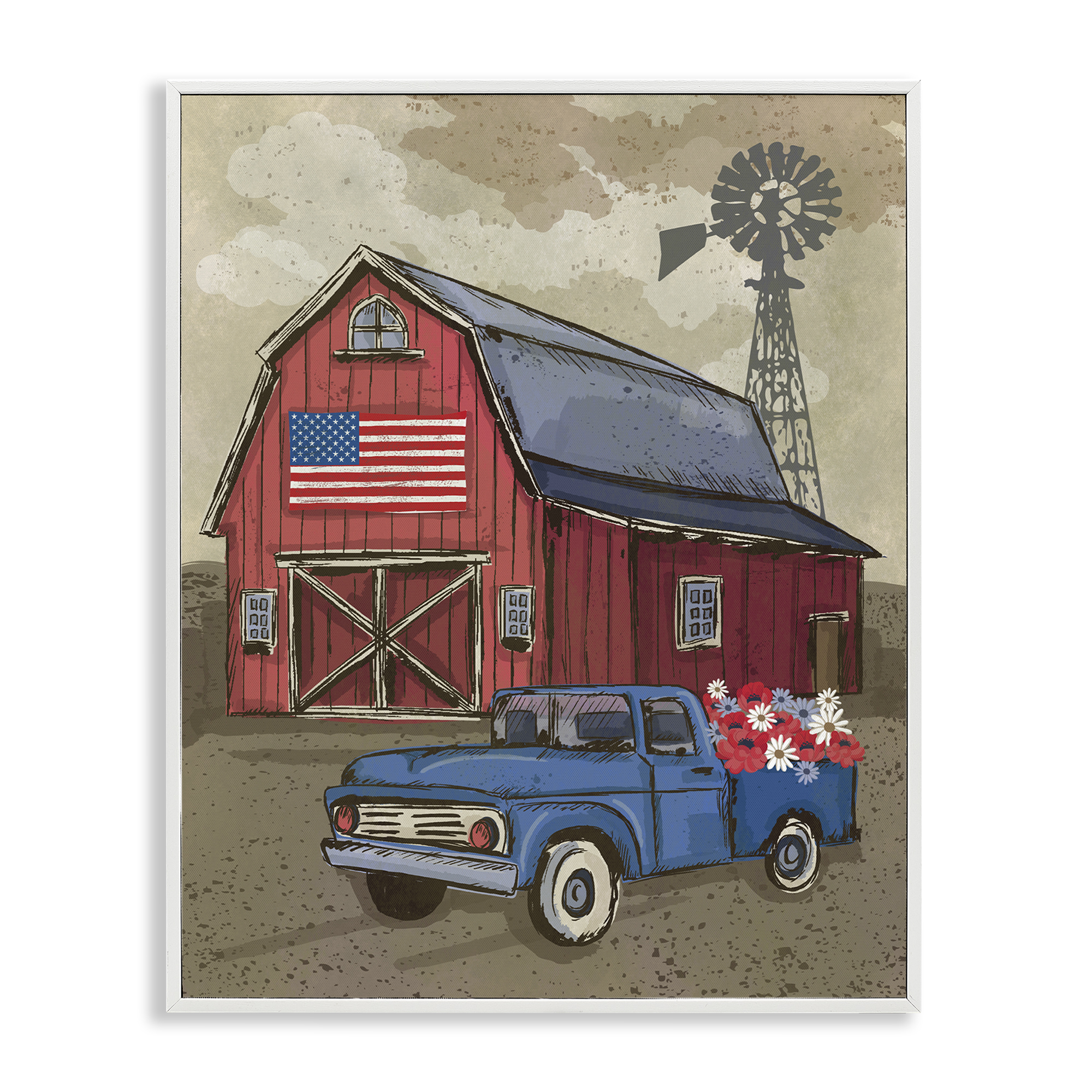 Stupell Industries Vintage Americana Barn Patriotic Painting White Framed Art Print Wall Art, 11 x 14