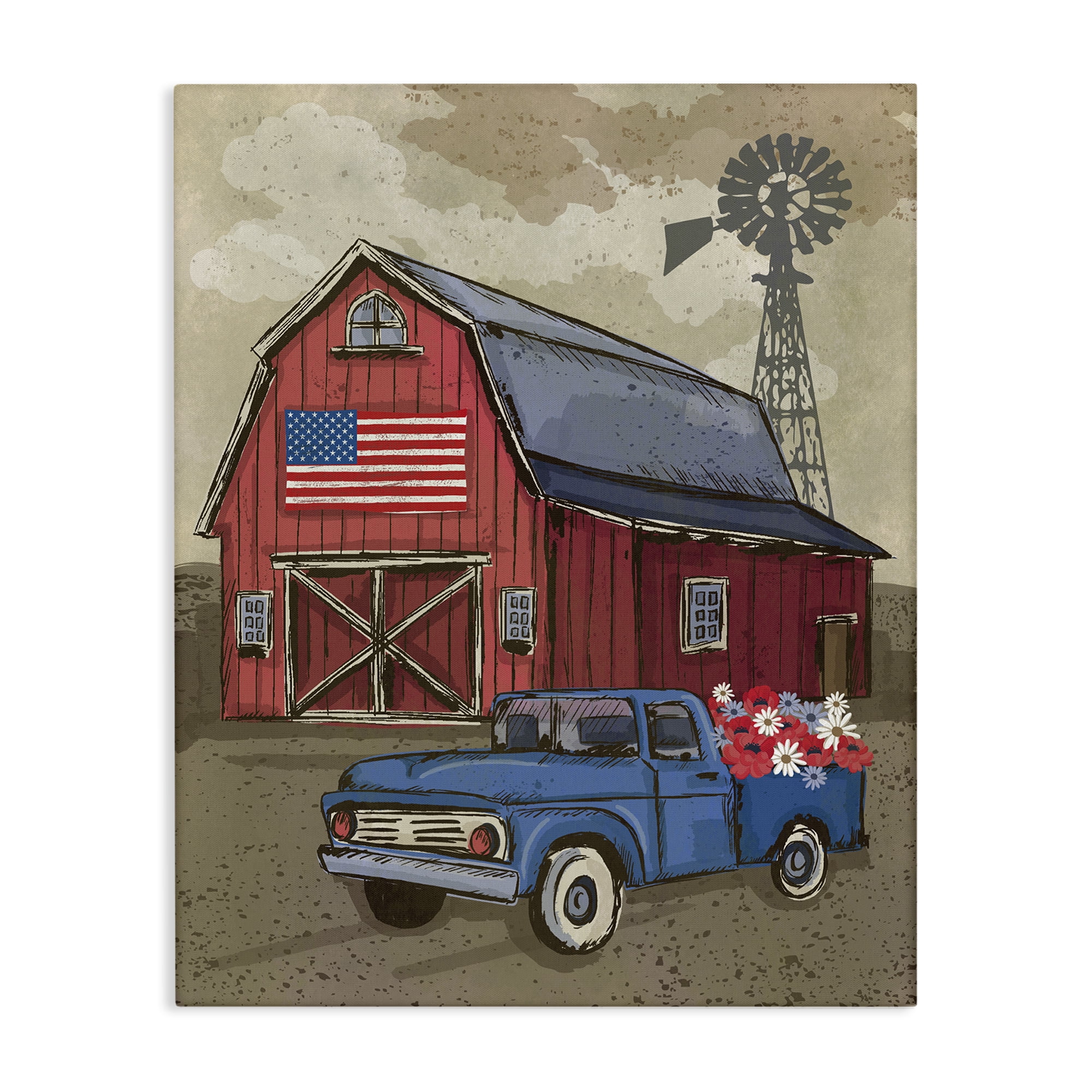 Stupell Industries Vintage Americana Barn Patriotic Painting Wrapped Canvas Art Print Wall Art, 36 x 48