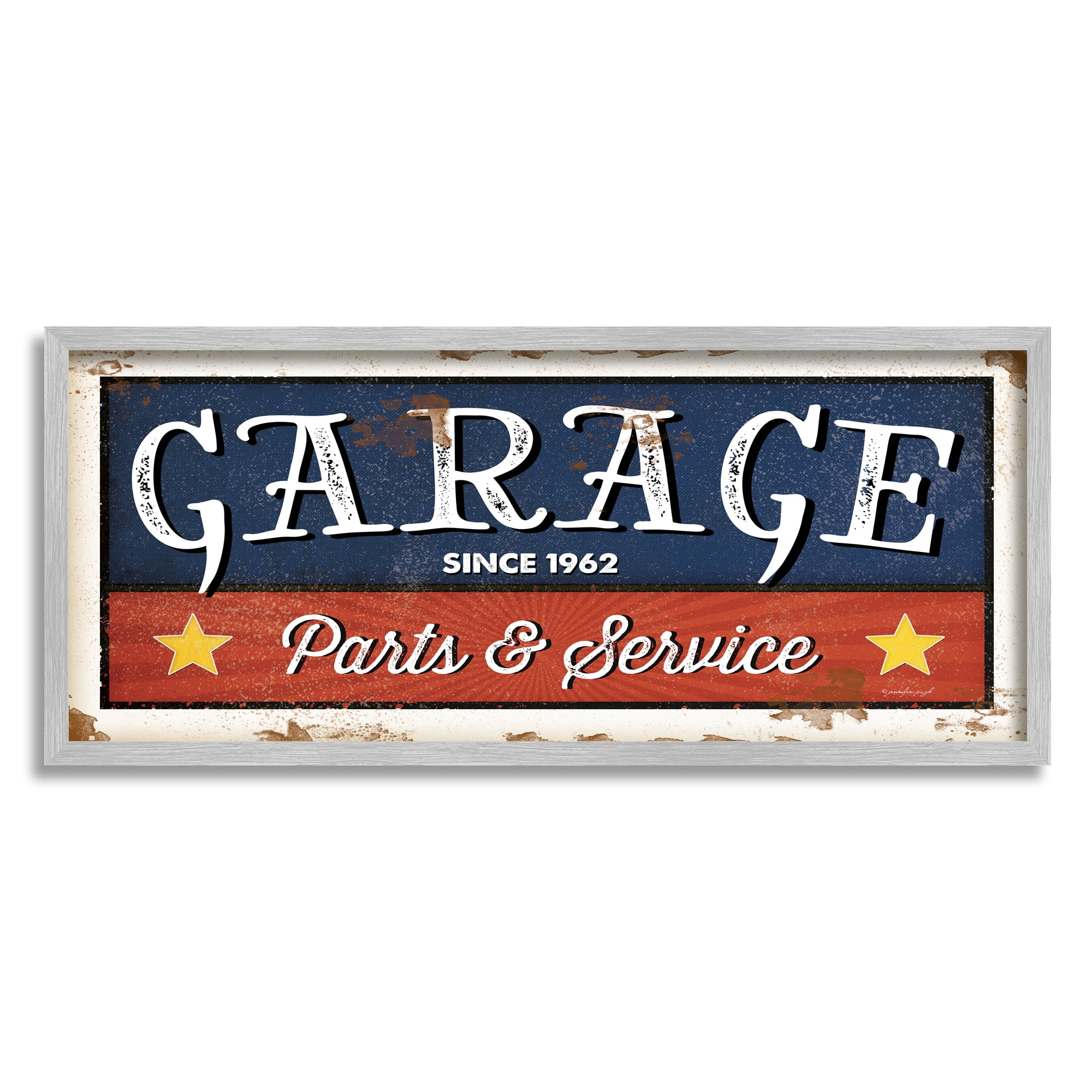Stupell Industries Vintage Americana Garage Sign Parts and Service Phrase Graphic Art Gray Framed Art Print Wall Art, 13x30, by Jennifer Pugh