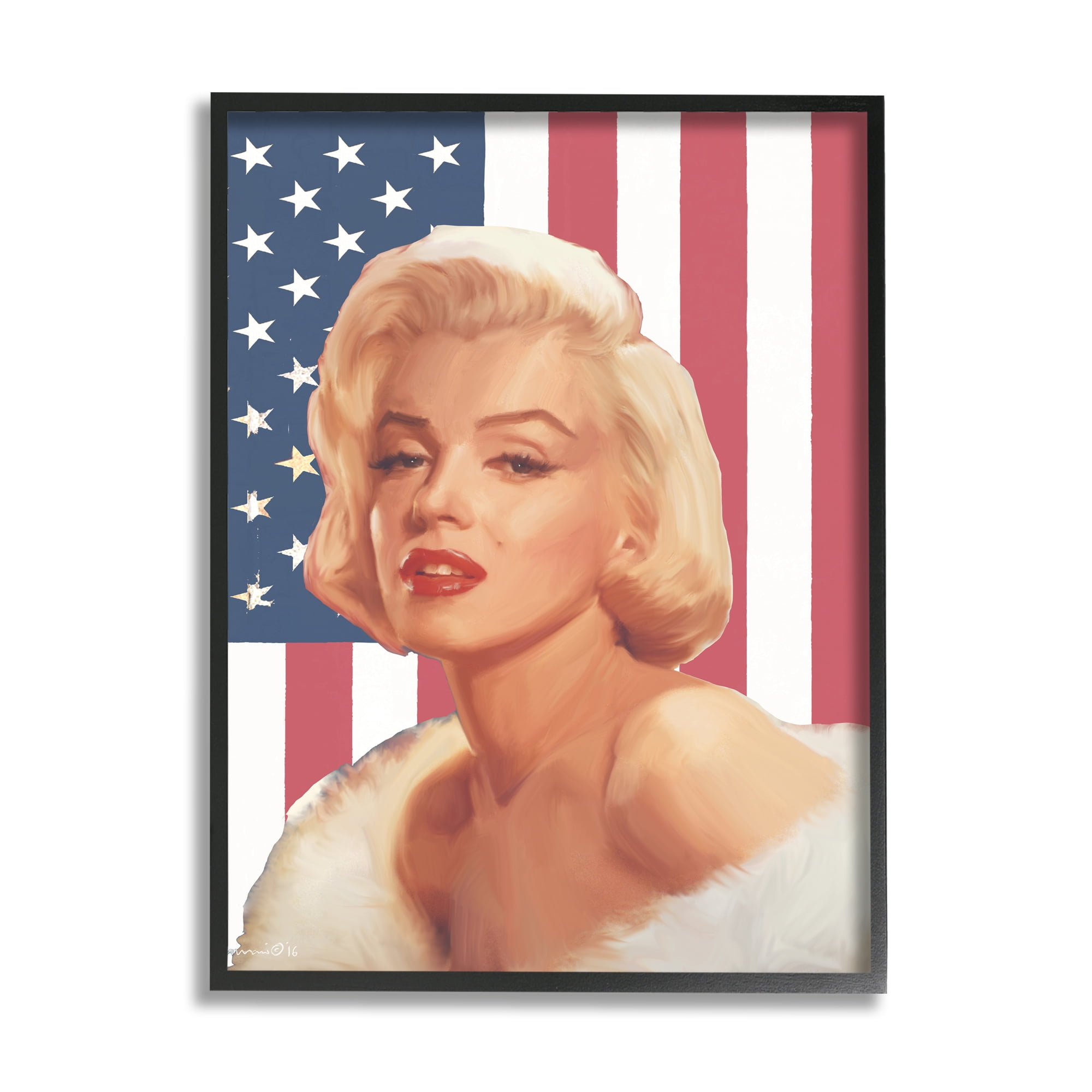 Stupell Industries Vintage Americana Icon Marilyn over US Flag Abstract Painting Black Framed Art Print Wall Art, 16 x 20