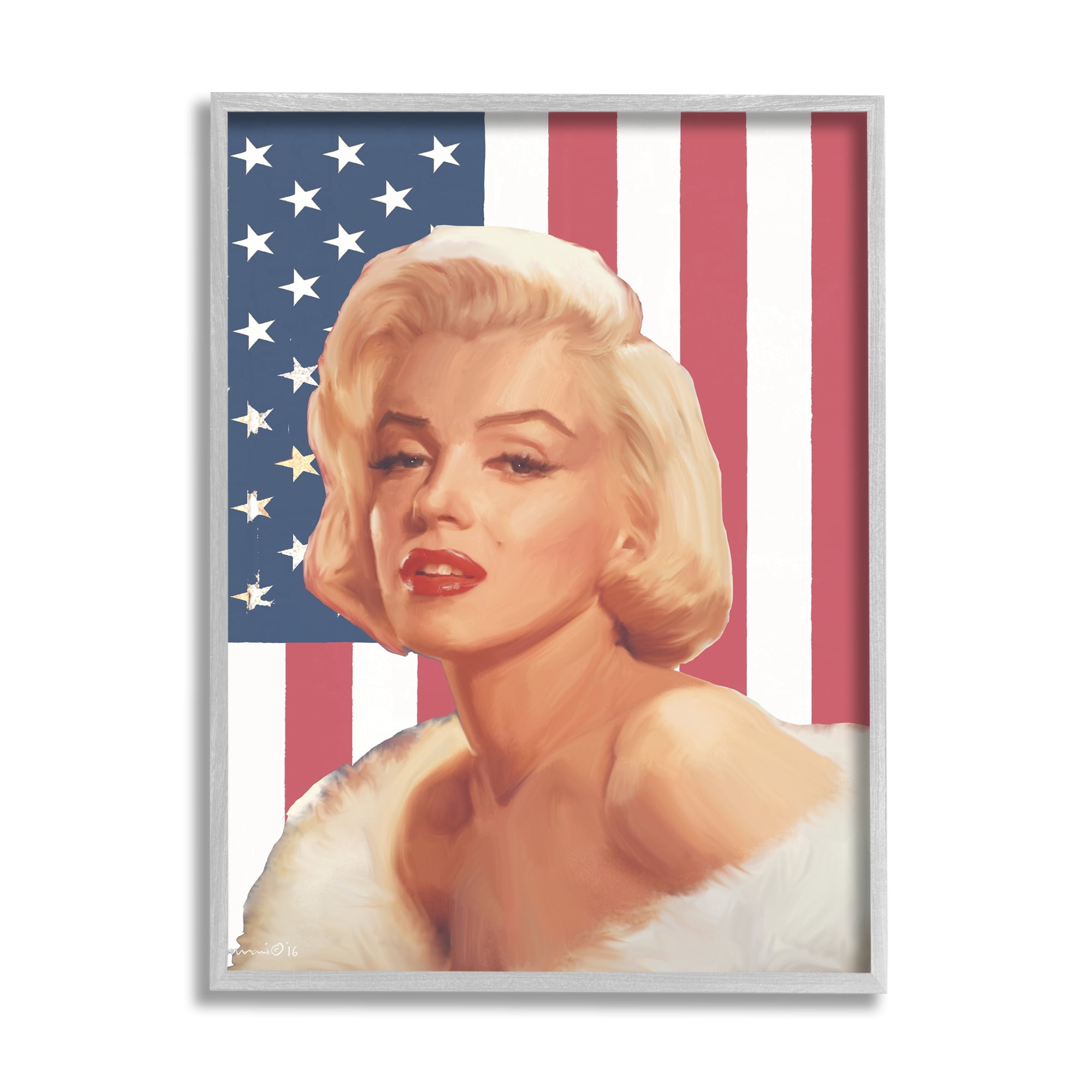 Stupell Industries Vintage Americana Icon Marilyn over US Flag Novelty Painting Gray Framed Art Print Wall Art, 11 x 14, Design by Chris Consani