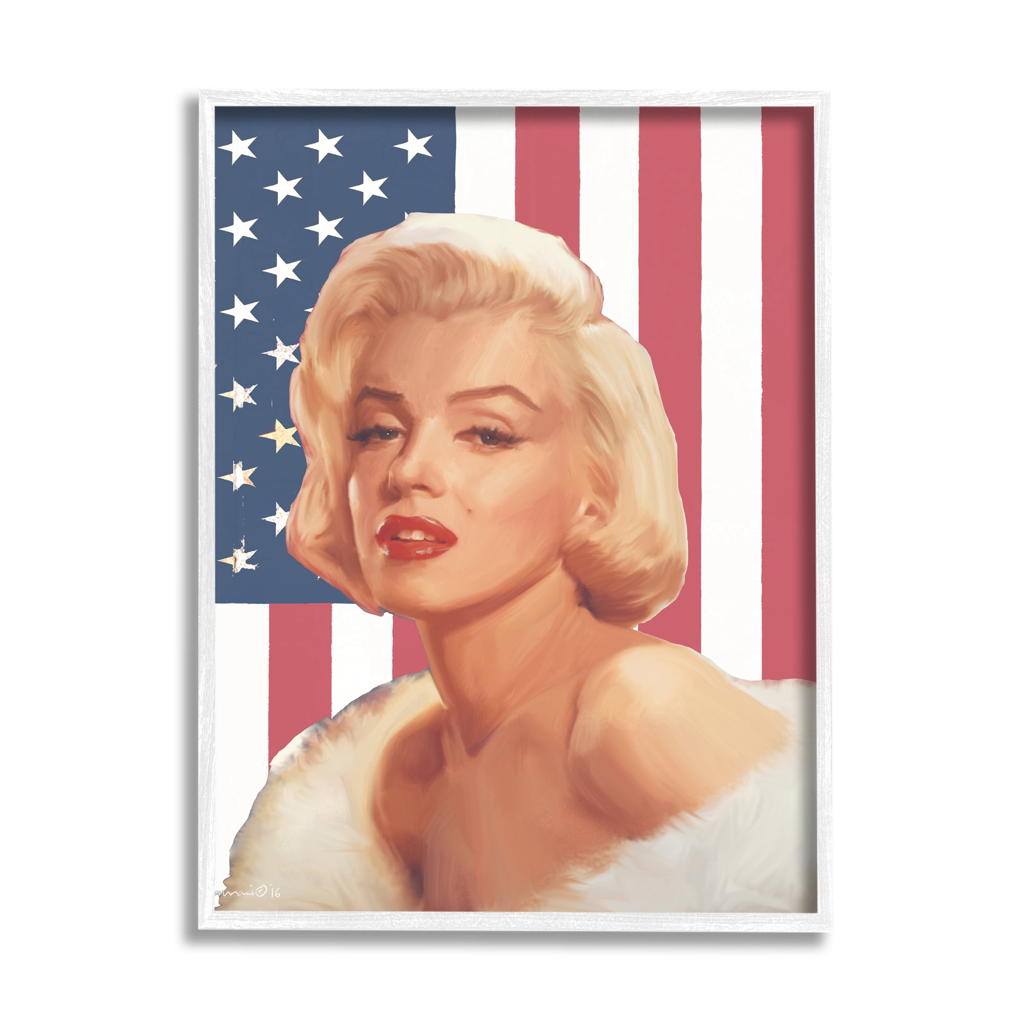 Stupell Industries Vintage Americana Icon Marilyn over US Flag Novelty Painting White Framed Art Print Wall Art, 11 x 14, Design by Chris Consani