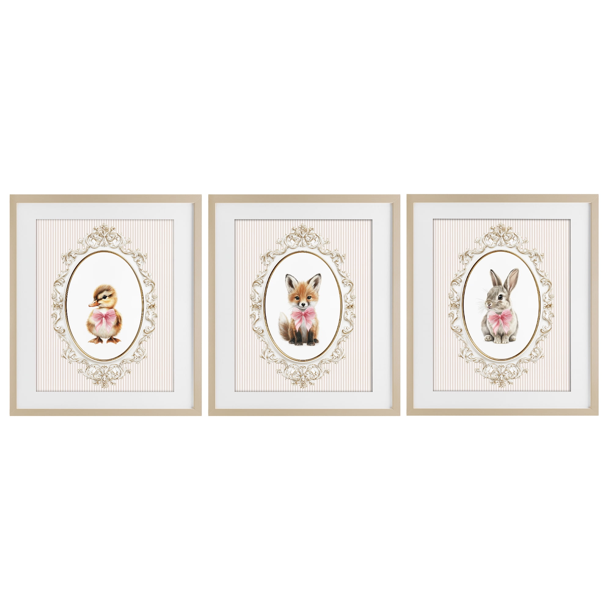 Stupell Industries Vintage Animals with Ornate Design 3 Piece Birch Framed Print Under Glass Set, design by Christine Simpson Art