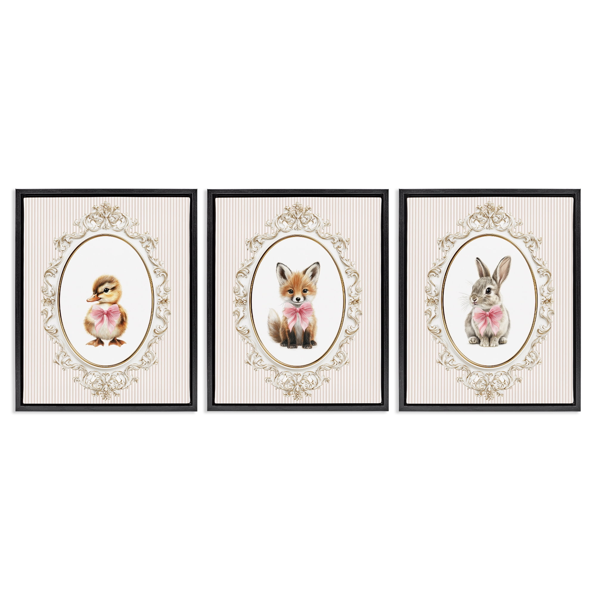 Stupell Industries Vintage Animals with Ornate Design 3 Piece Black Framed Floater Canvas Set, design by Christine Simpson Art