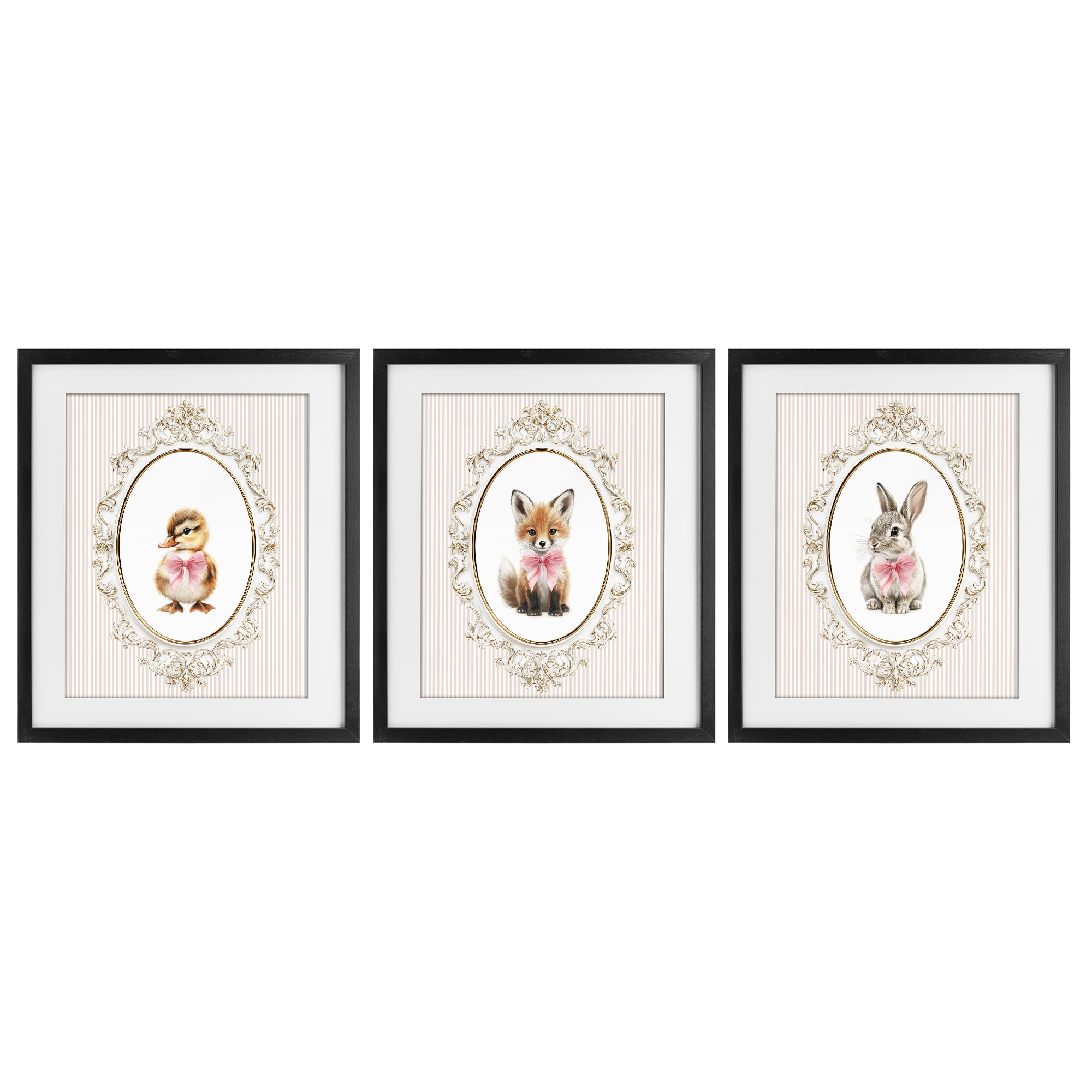 Stupell Industries Vintage Animals with Ornate Design 3 Piece Black Framed Print Under Glass Set, design by Christine Simpson Art
