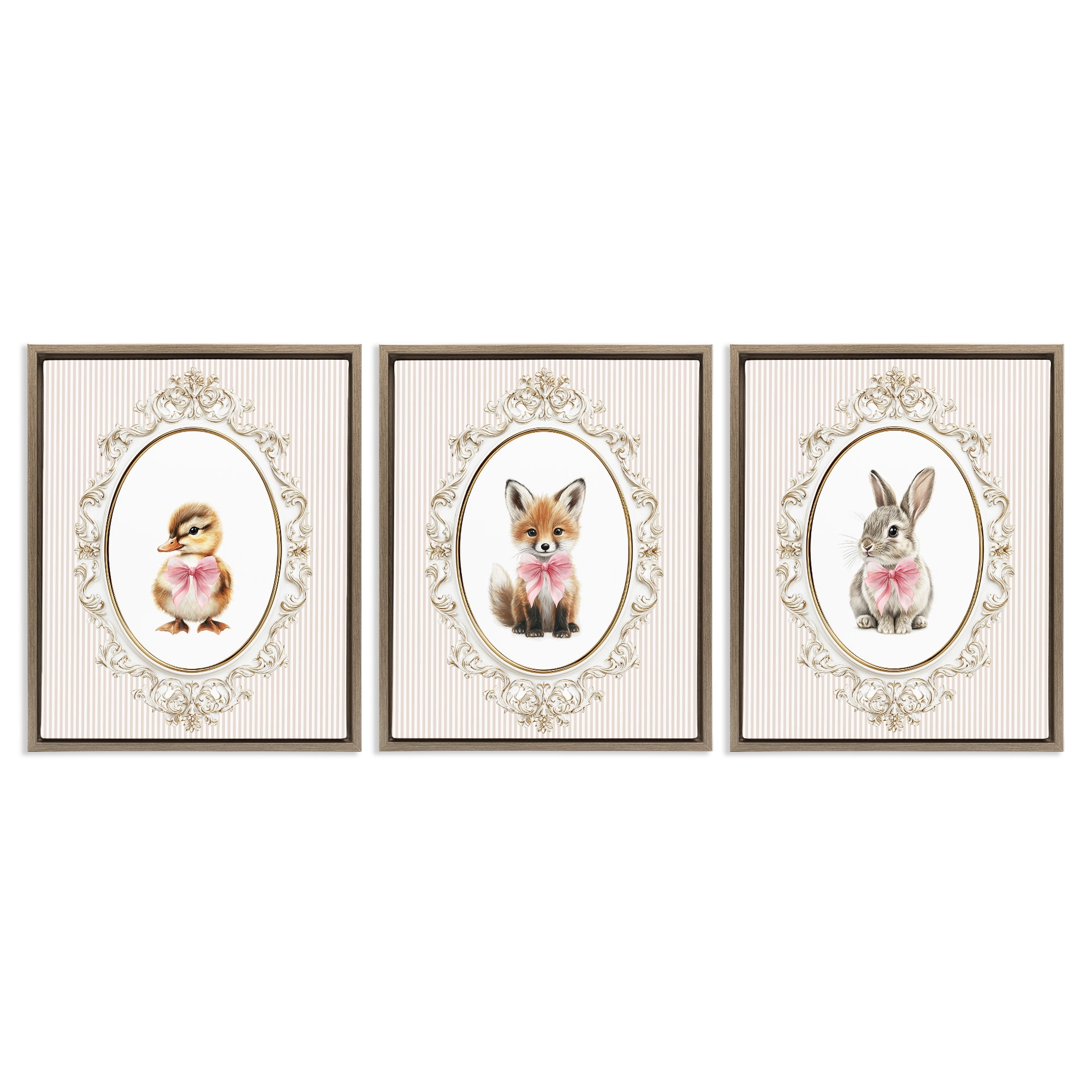 Stupell Industries Vintage Animals with Ornate Design 3 Piece Brown Framed Floater Canvas Set, design by Christine Simpson Art