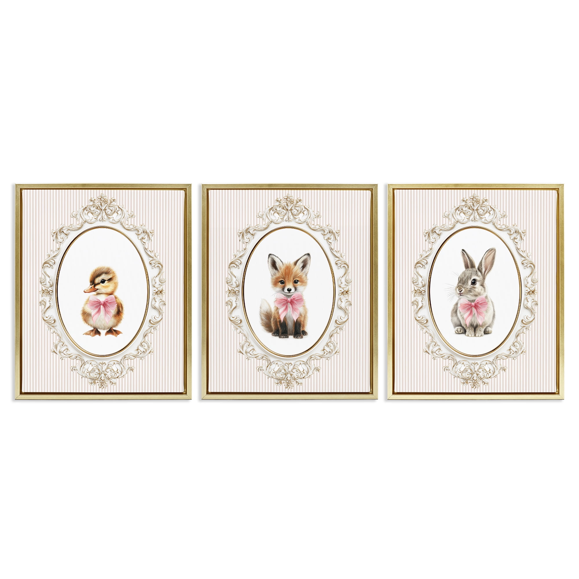 Stupell Industries Vintage Animals with Ornate Design 3 Piece Gold Framed Floater Canvas Set, design by Christine Simpson Art