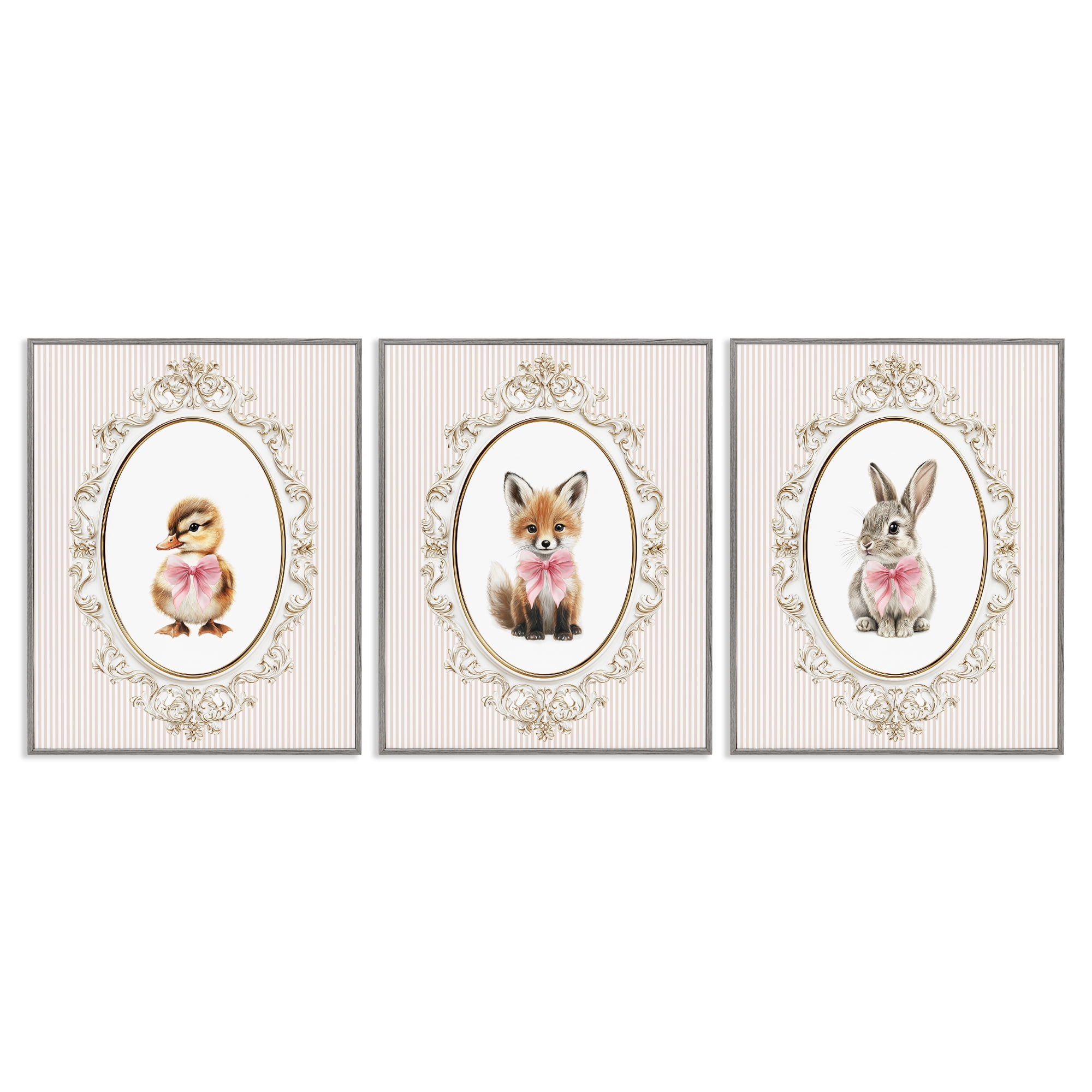 Stupell Industries Vintage Animals with Ornate Design 3 Piece Gray Framed Giclee Art Set, design by Christine Simpson Art