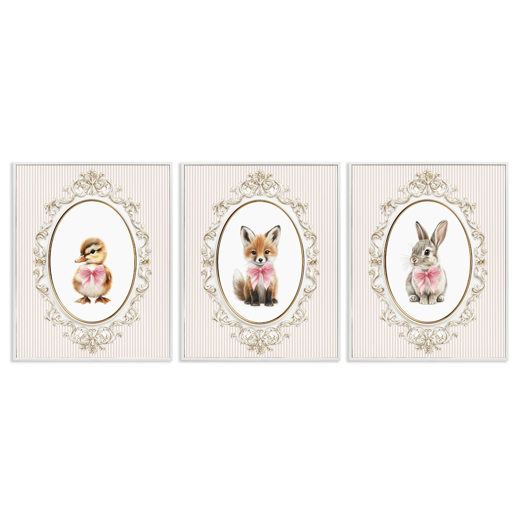 Stupell Industries Vintage Animals with Ornate Design 3 Piece White Framed Giclee Art Set, design by Christine Simpson Art