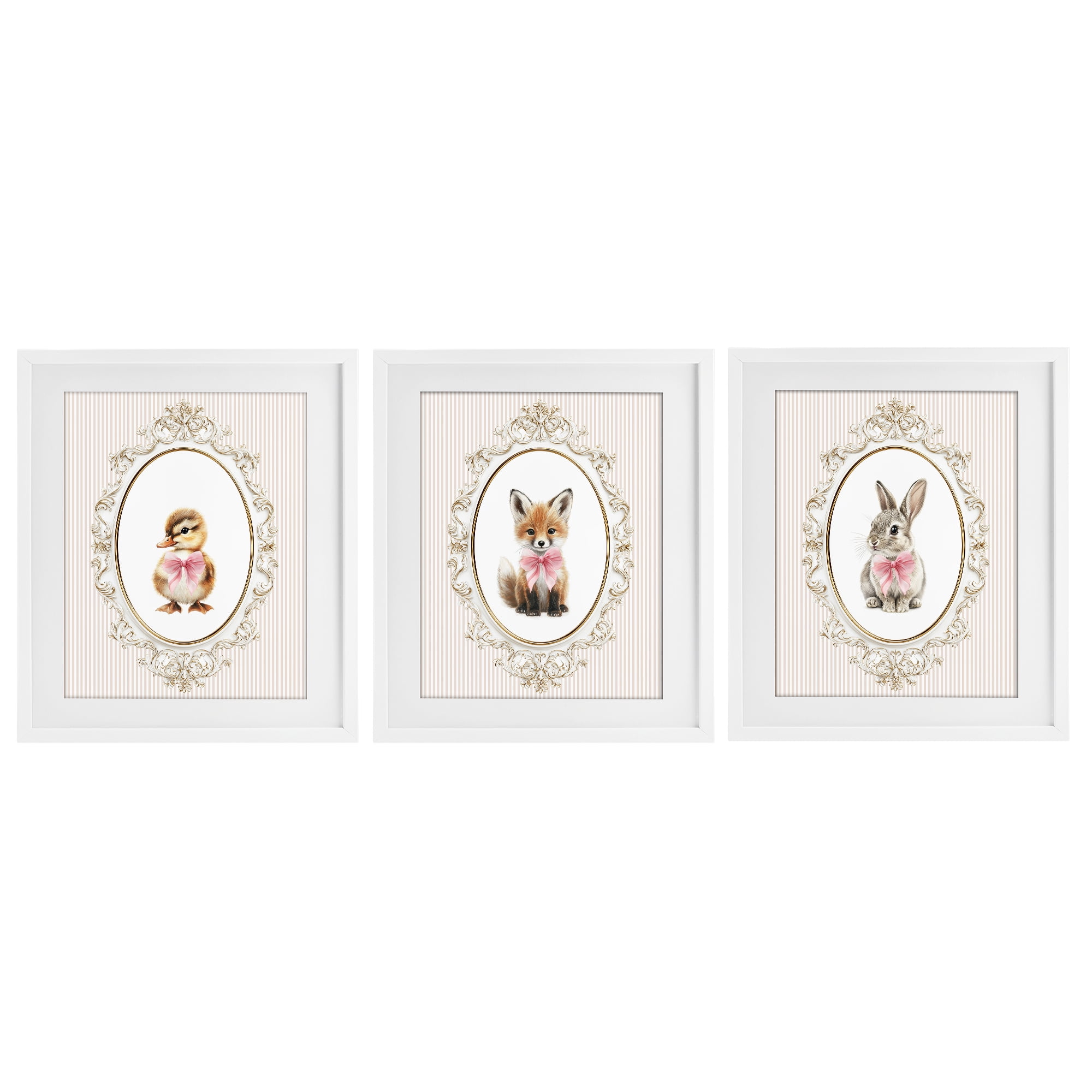 Stupell Industries Vintage Animals with Ornate Design 3 Piece White Framed Print Under Glass Set, design by Christine Simpson Art