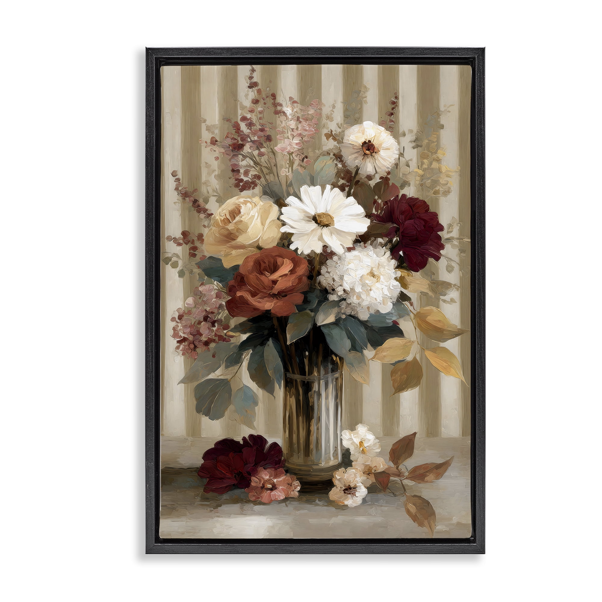Stupell Industries Vintage Arrangement with Stripes Black Framed Floater Canvas Wall Art, design by Petal Prints Design