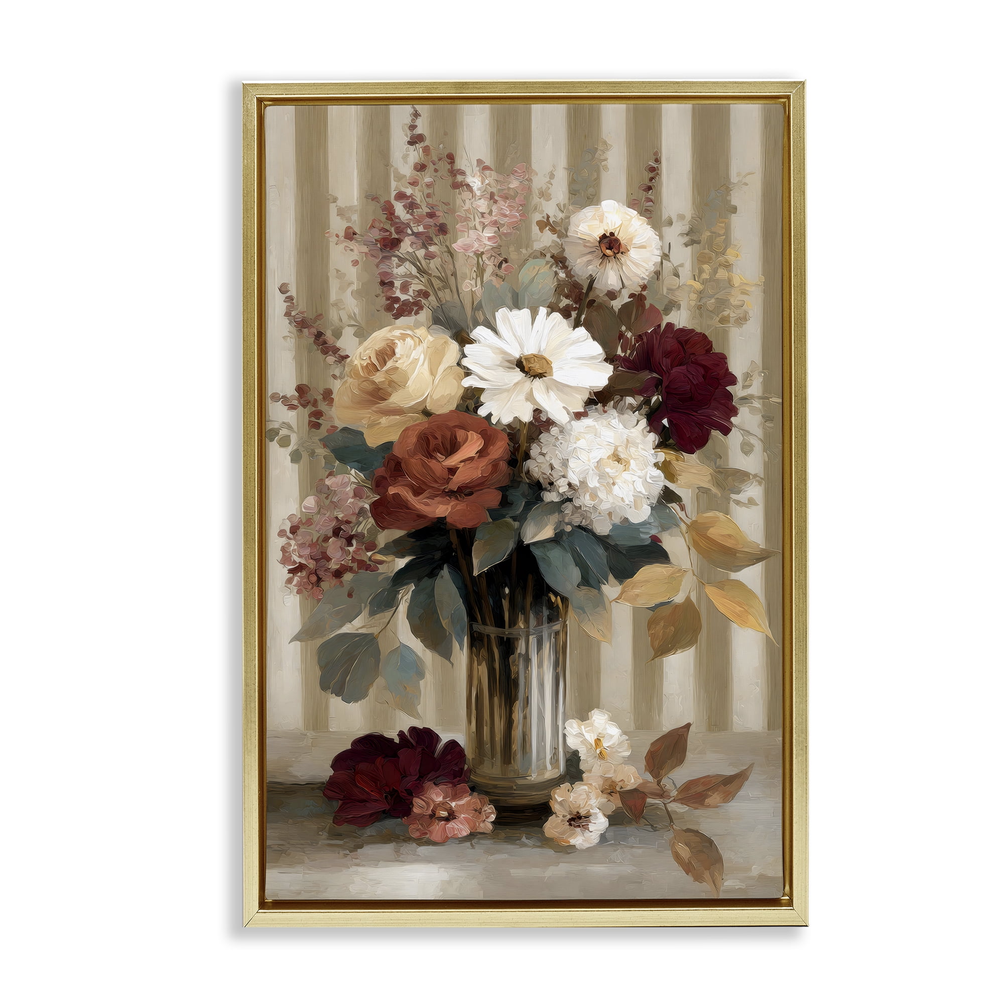 Stupell Industries Vintage Arrangement with Stripes Gold Framed Floater Canvas Wall Art, design by Petal Prints Design