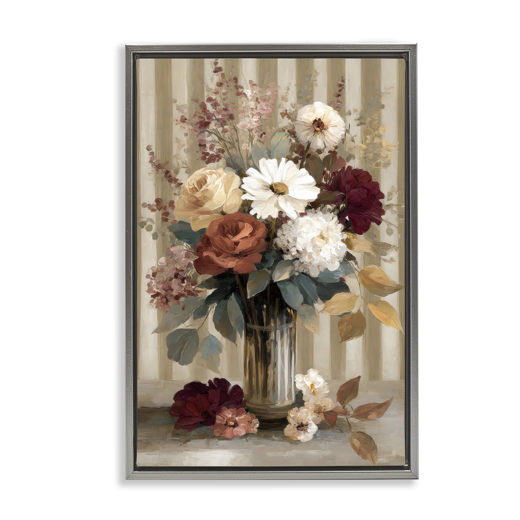 Stupell Industries Vintage Arrangement with Stripes Gray Framed Floater Canvas Wall Art, design by Petal Prints Design