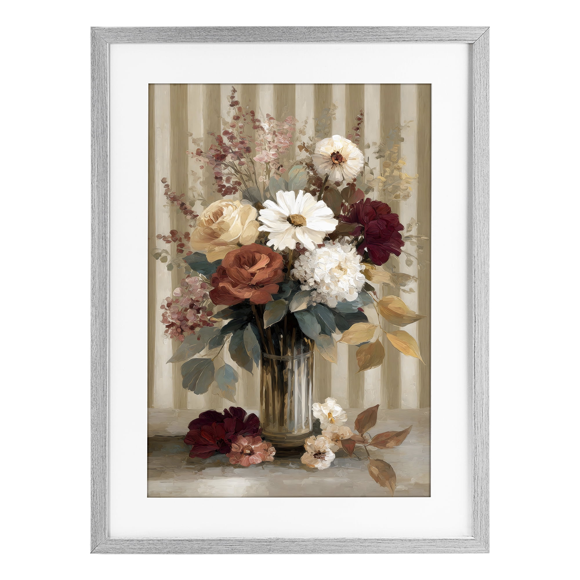 Stupell Industries Vintage Arrangement with Stripes Gray Framed Print Under Glass, design by Petal Prints Design