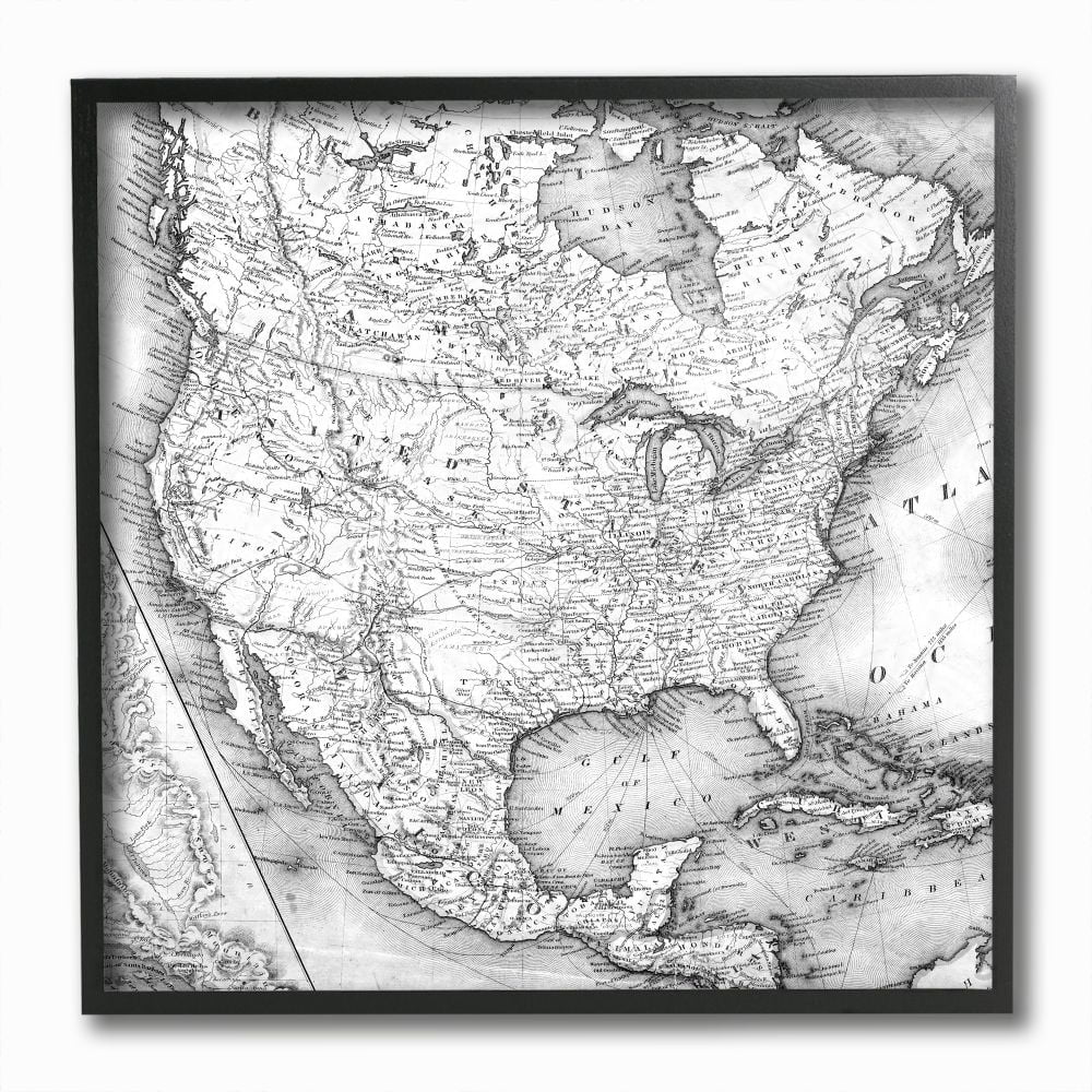Stupell Industries Vintage Atlas Map Of North America Gray Design Framed Wall Art by Daphne Polselli