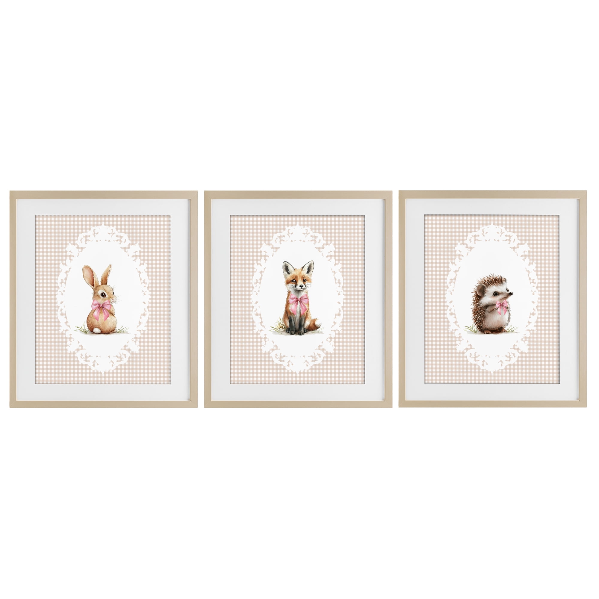 Stupell Industries Vintage Baby Bow Animals 3 Piece Birch Framed Print Under Glass Set, design by Christine Simpson Art