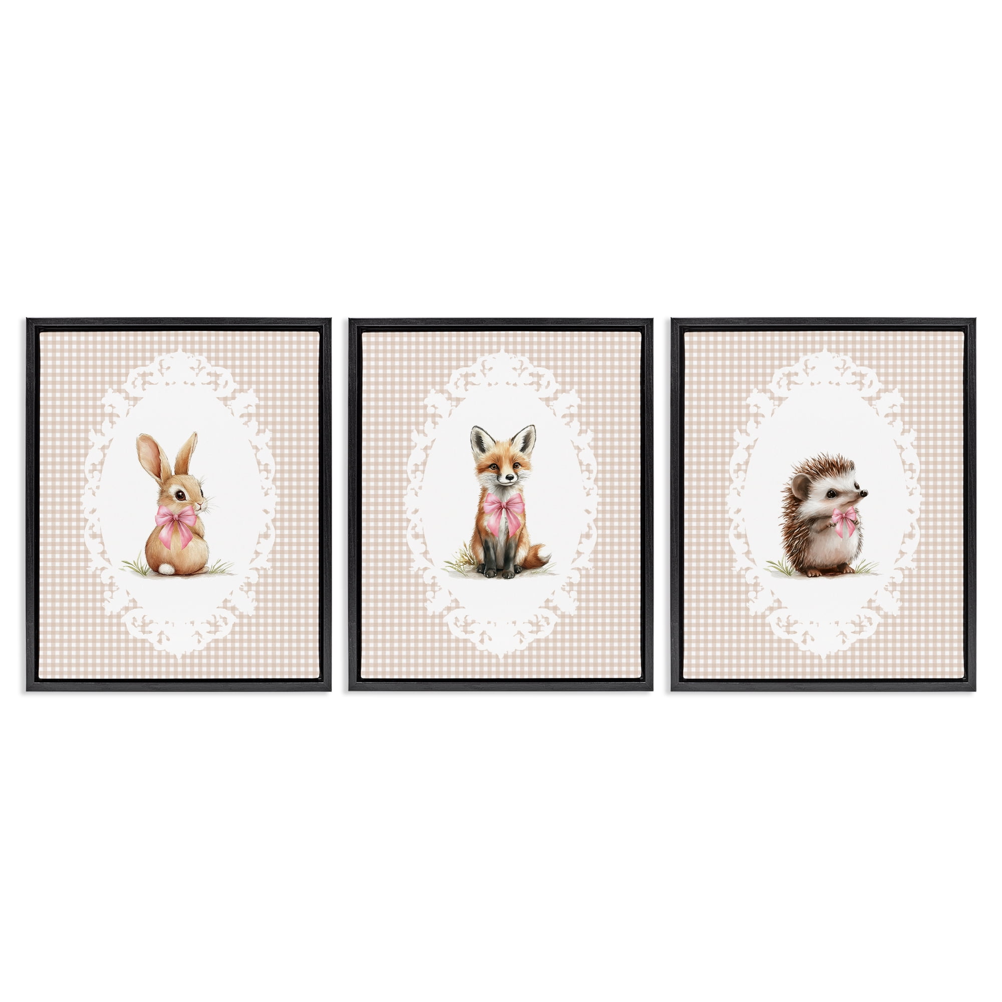 Stupell Industries Vintage Baby Bow Animals 3 Piece Black Framed Floater Canvas Set, design by Christine Simpson Art