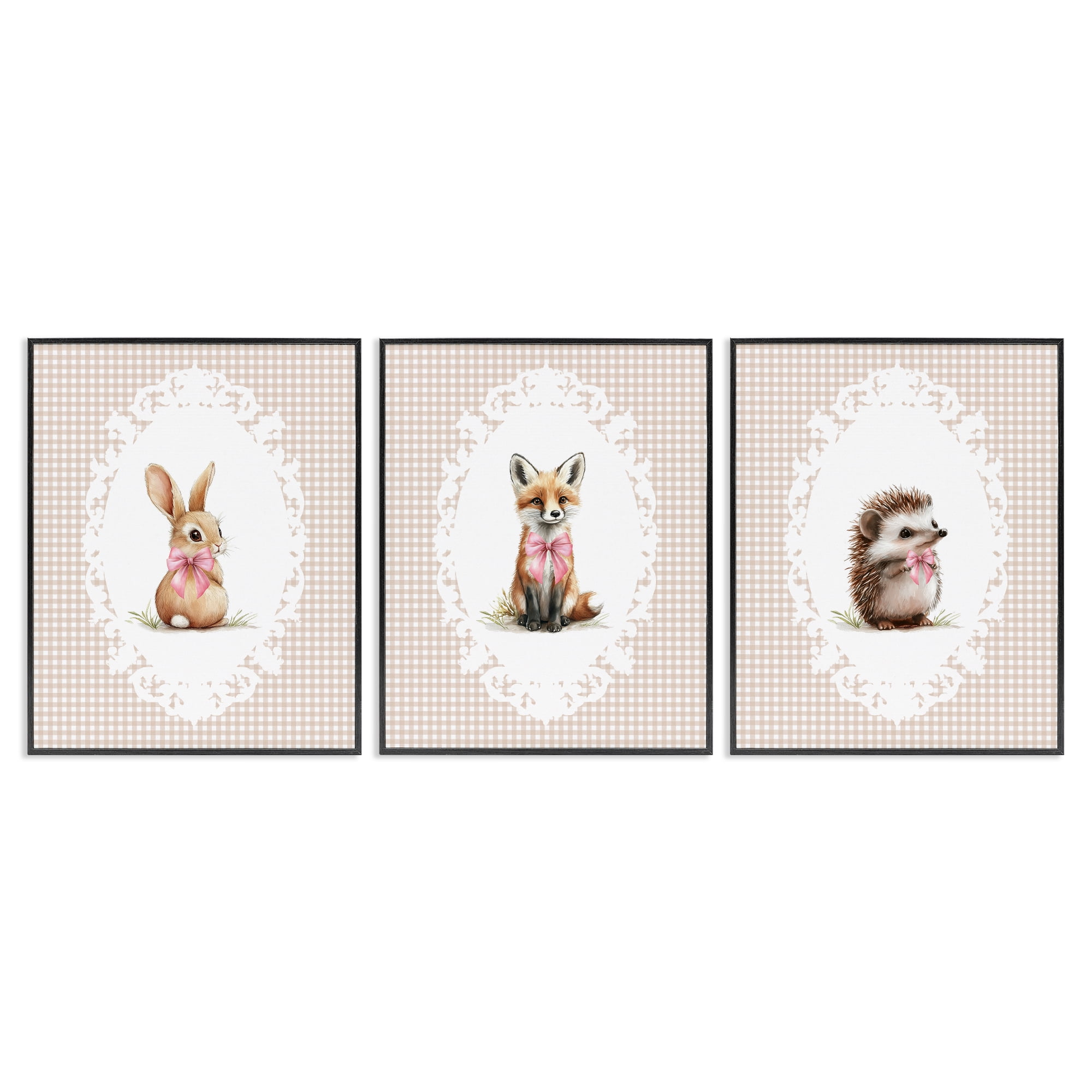 Stupell Industries Vintage Baby Bow Animals 3 Piece Black Framed Giclee Art Set, design by Christine Simpson Art
